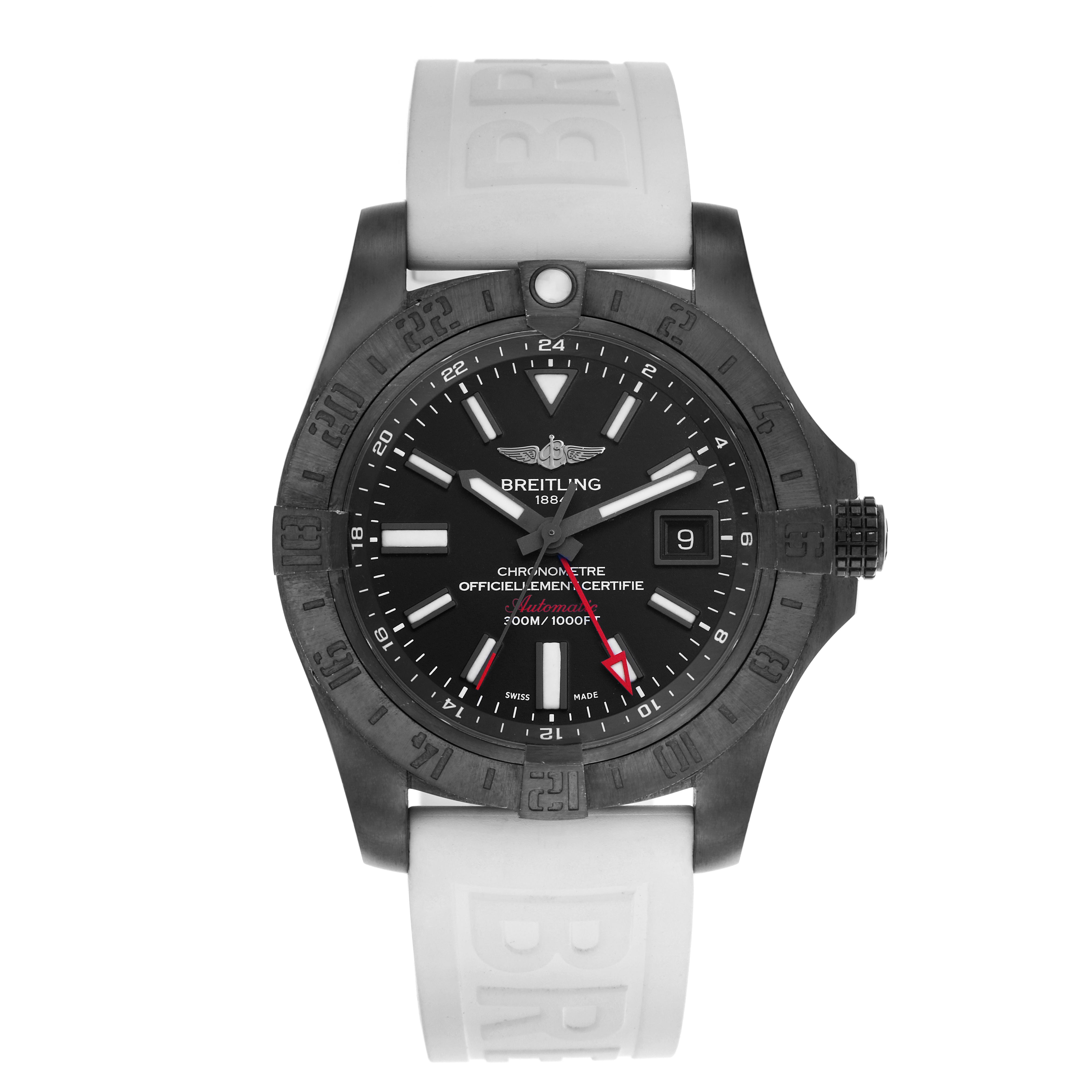 The Breitling Avenger M3239010/BF04 Men's Stainless Steel Black Dial M3239010/BF04 Men's Stainless Steel Black Dial watch is shown from a front view, highlighting the dial, bezel, crown, and part of the strap.