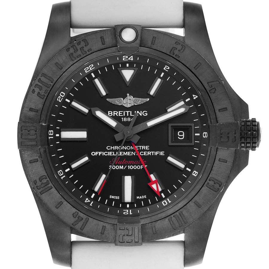 The Breitling Avenger watch is shown from the front, highlighting the dial, bezel, and crown.