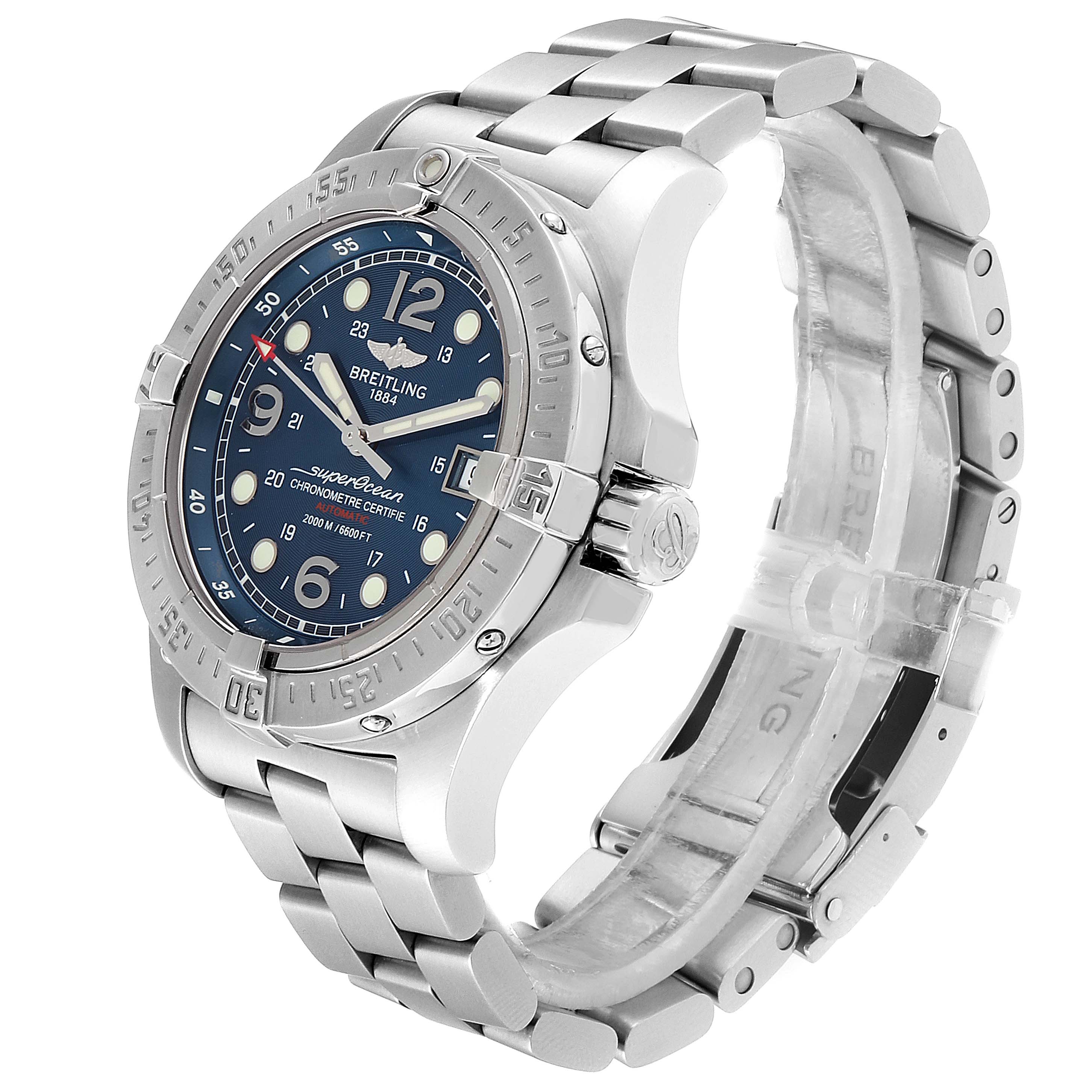 The image shows a Breitling Superocean A17390 Men
s Stainless Steel Blue Dial A17390 Men
s Stainless Steel Blue Dial watch at a three-quarter angle, highlighting its face, bezel, bracelet, and crown.
