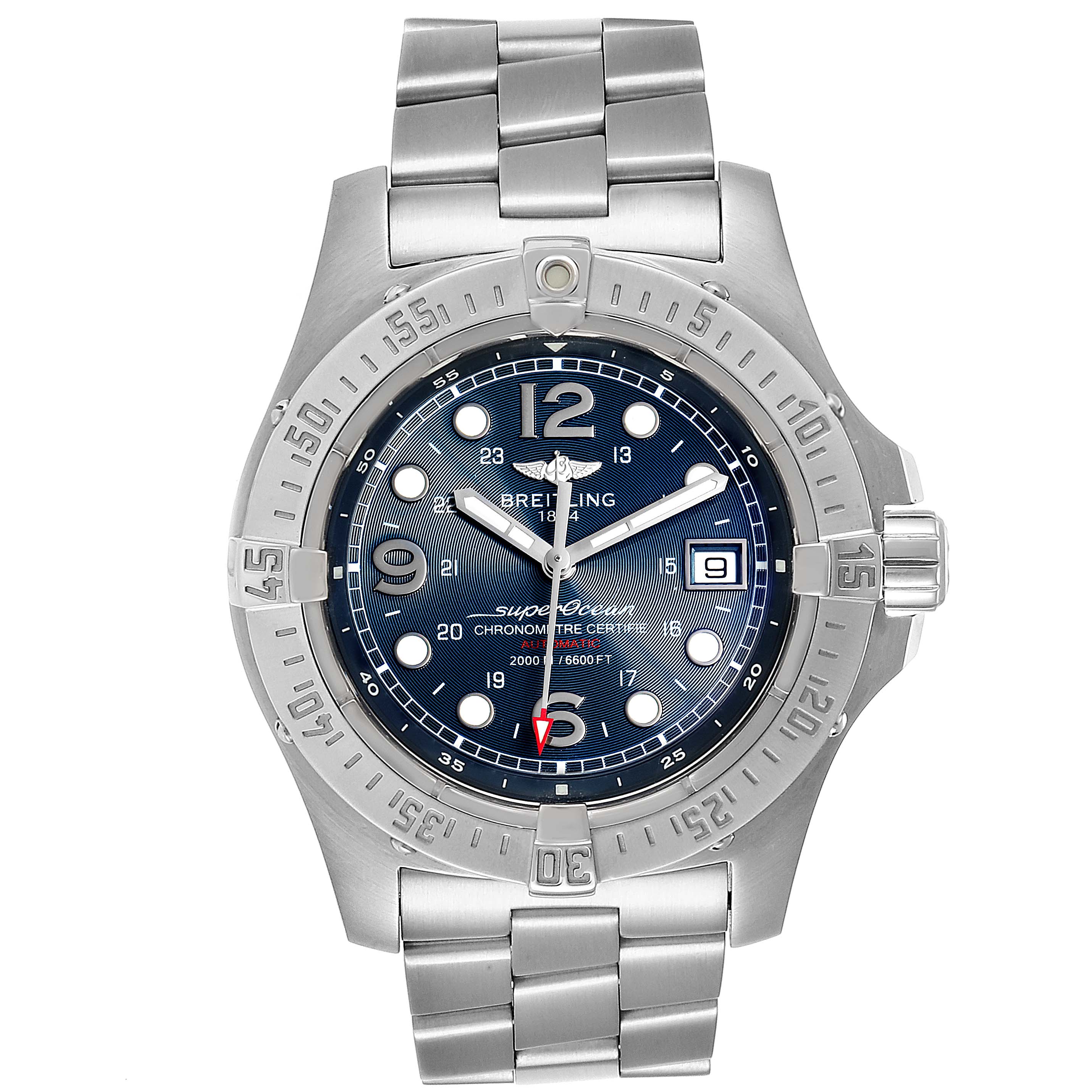 The image shows a front view of a Breitling Superocean A17390 Men
s Stainless Steel Blue Dial A17390 Men
s Stainless Steel Blue Dial watch, displaying its face, bezel, and metal bracelet.
