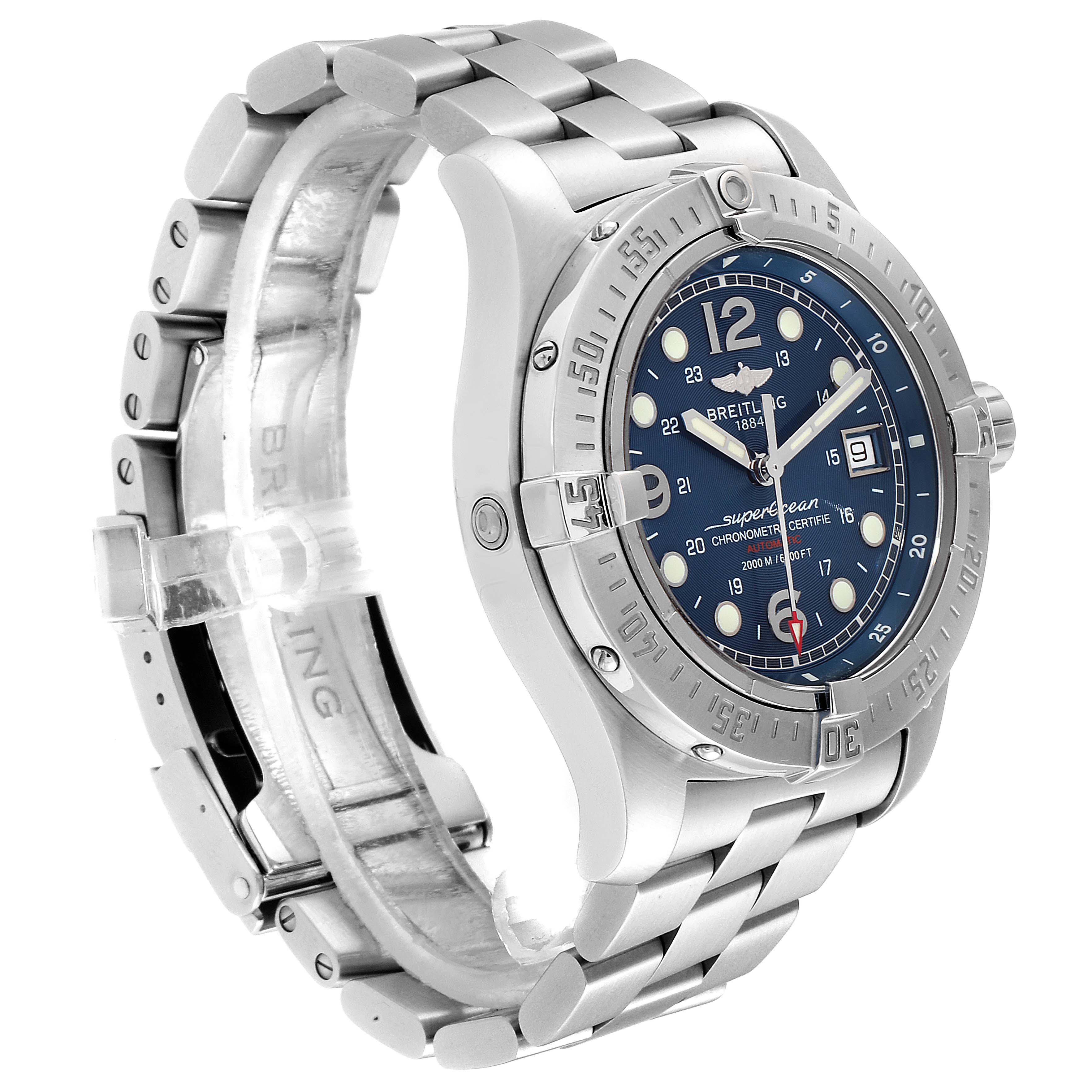 The image shows a Breitling Superocean A17390 Men
s Stainless Steel Blue Dial A17390 Men
s Stainless Steel Blue Dial watch at an angled view, highlighting the face, bezel, and stainless steel bracelet.