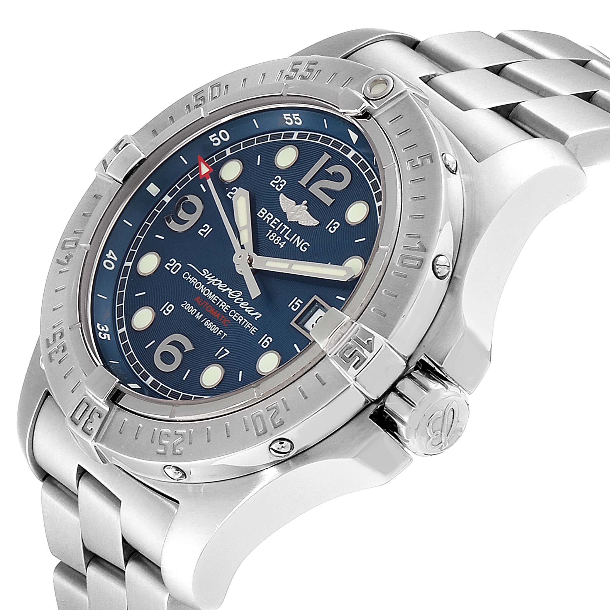 The image shows a Breitling Superocean A17390 Men
s Stainless Steel Blue Dial A17390 Men
s Stainless Steel Blue Dial watch at an angled view highlighting its face, bezel, and stainless steel bracelet.