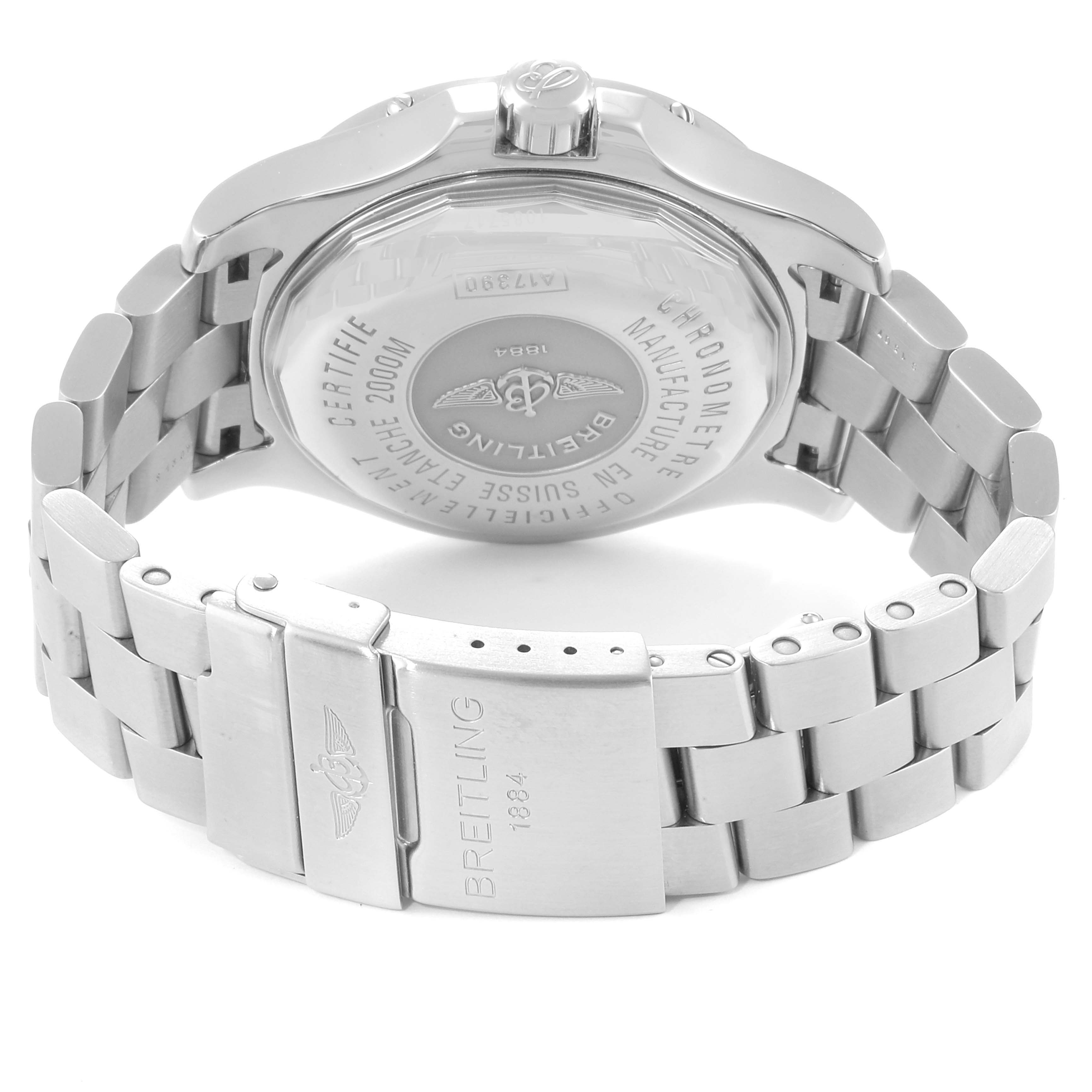 The image shows the back case and stainless steel bracelet of the Breitling Superocean A17390 Men
s Stainless Steel Blue Dial A17390 Men
s Stainless Steel Blue Dial watch at an oblique angle.