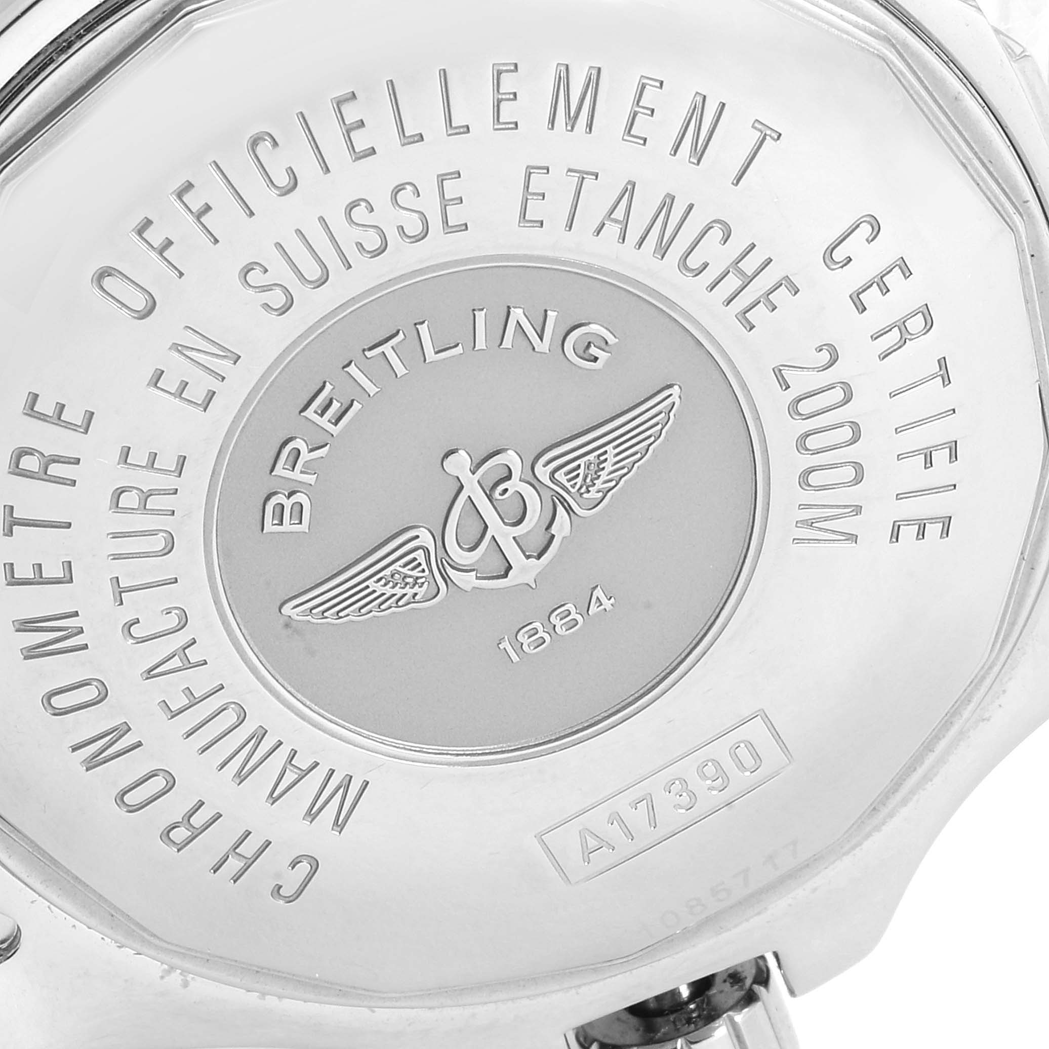 Close-up of the back case of the Breitling Superocean A17390 Men
s Stainless Steel Blue Dial A17390 Men
s Stainless Steel Blue Dial watch, showing brand inscriptions and model details.