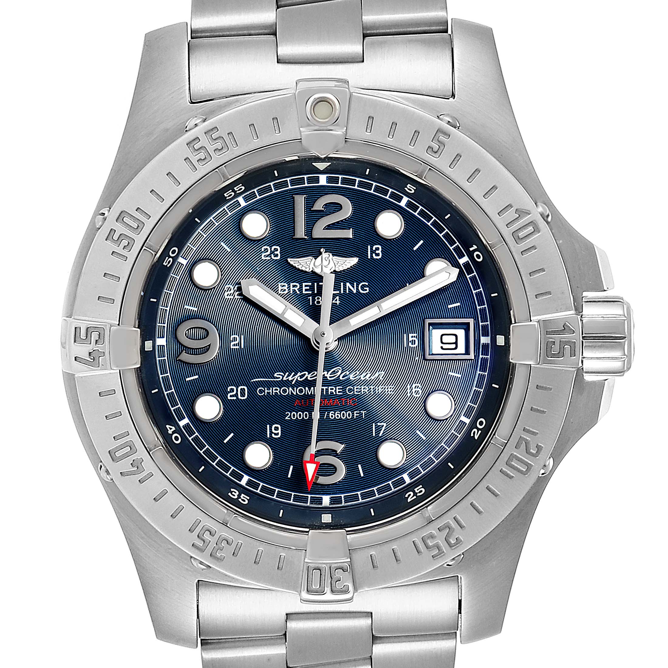 This image shows a front view of the Breitling Superocean A17390 Men
s Stainless Steel Blue Dial A17390 Men
s Stainless Steel Blue Dial watch, highlighting its dial, bezel, and metal bracelet.