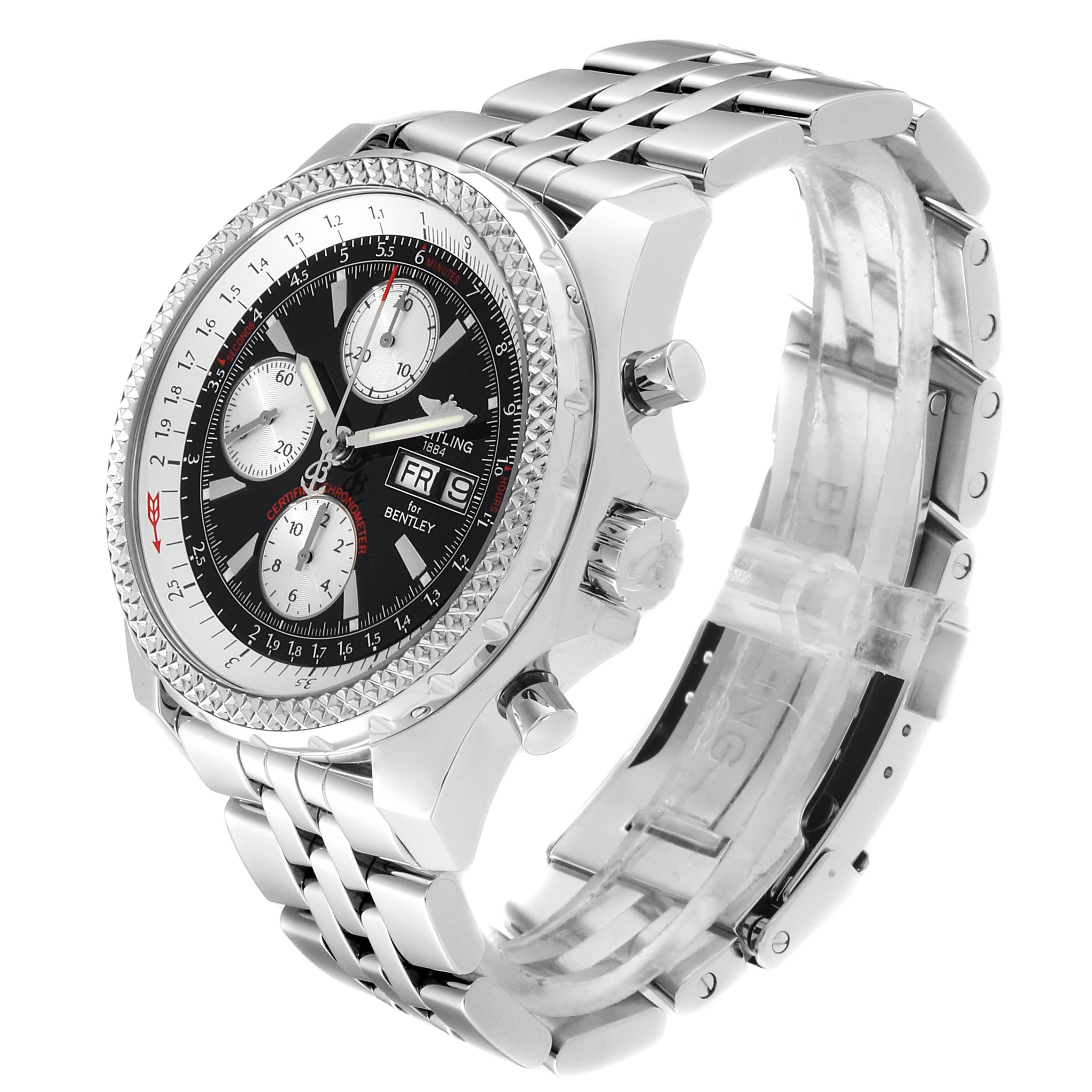 This Breitling Bentley A13362 Men
s Stainless Steel Black Dial A13362 Men
s Stainless Steel Black Dial watch is shown from a side angle, highlighting its face, bezel, crown, and metal bracelet.