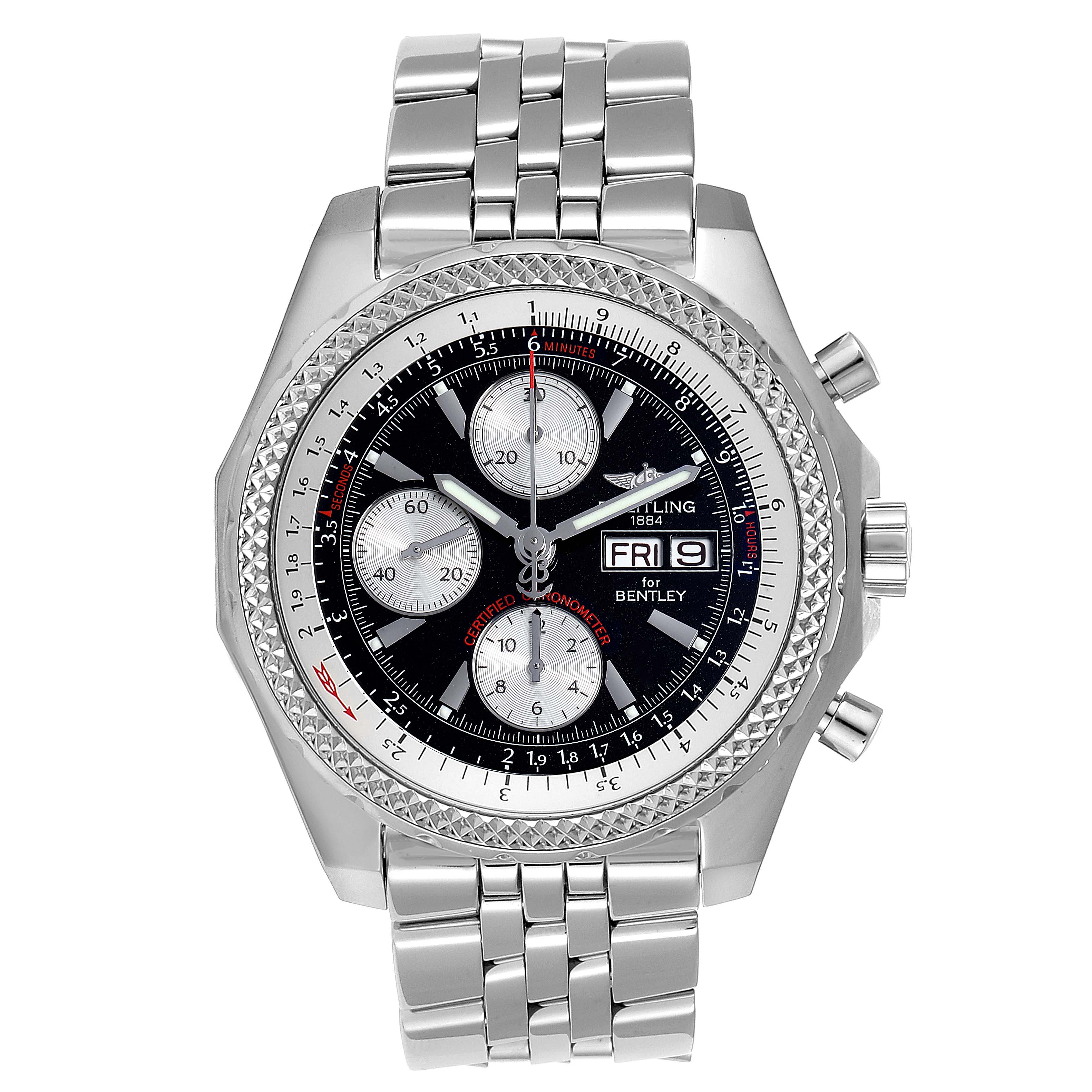 The Breitling Bentley A13362 Men
s Stainless Steel Black Dial A13362 Men
s Stainless Steel Black Dial model watch is shown from a front angle, displaying its face, bezel, and metallic bracelet.