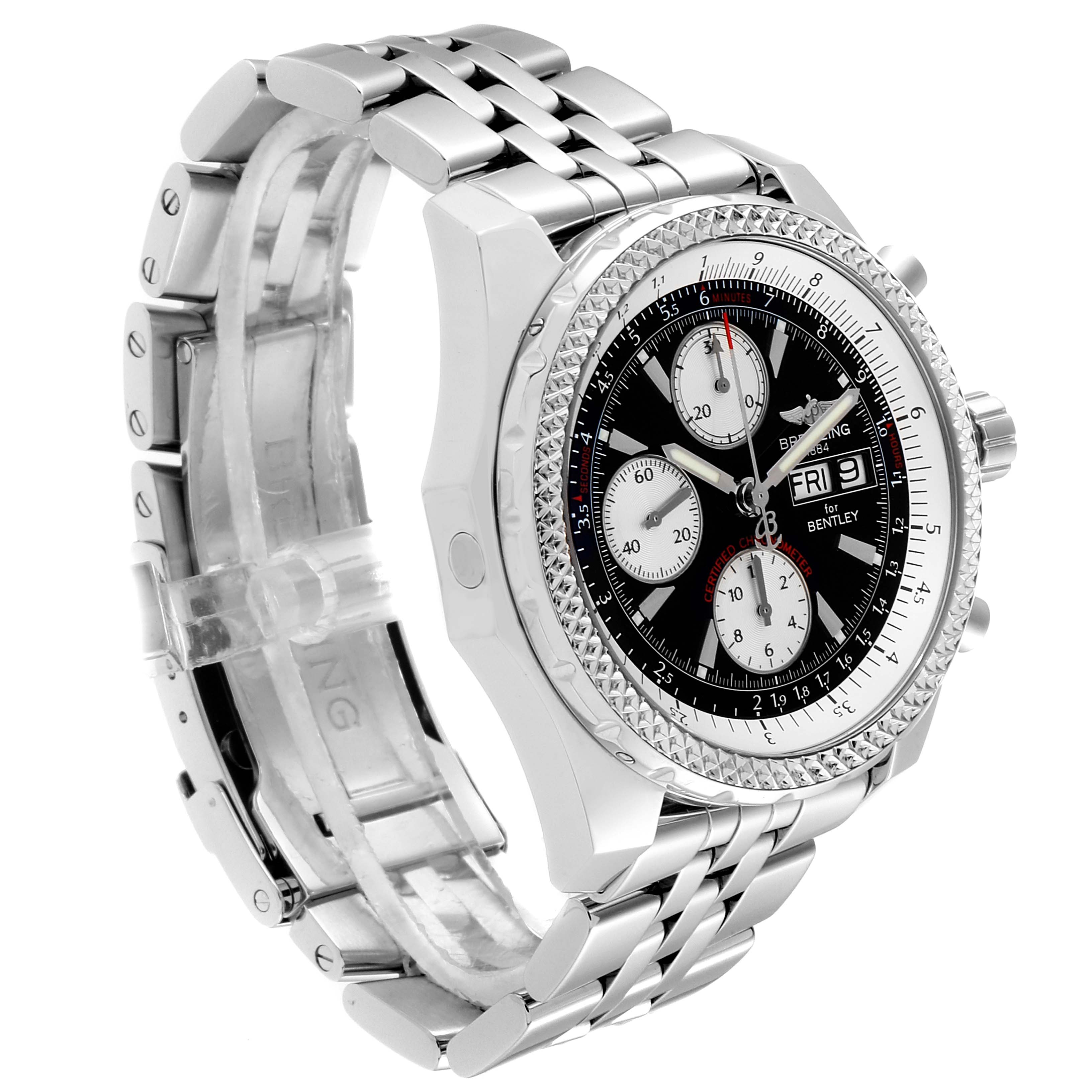 The Breitling Bentley A13362 Men
s Stainless Steel Black Dial A13362 Men
s Stainless Steel Black Dial model watch is shown at an angle displaying the face, bezel, crown, and part of the metal bracelet.