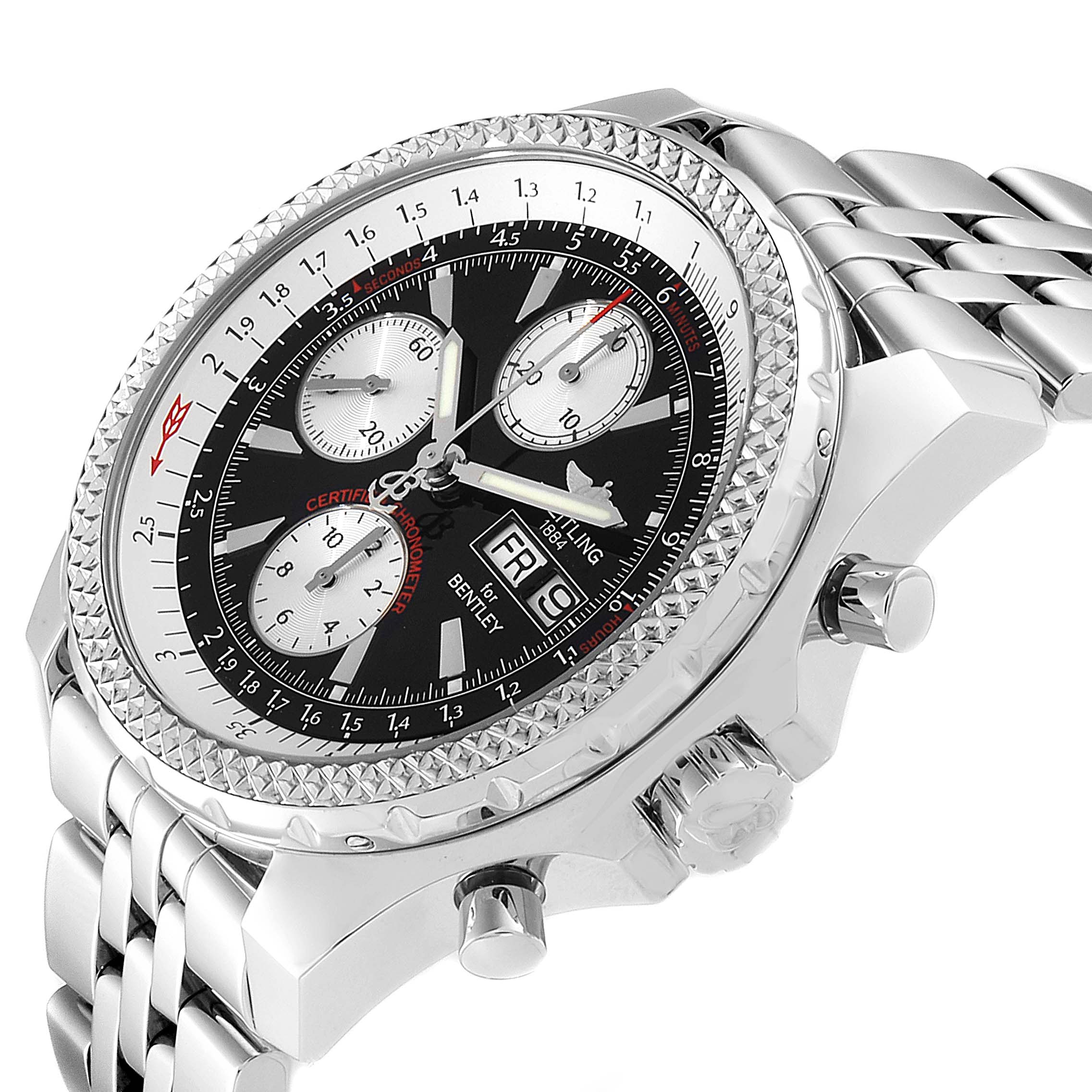 The Breitling Bentley A13362 Men
s Stainless Steel Black Dial A13362 Men
s Stainless Steel Black Dial watch is shown from an angled view, highlighting the dial, bezel, crown, and part of the bracelet.