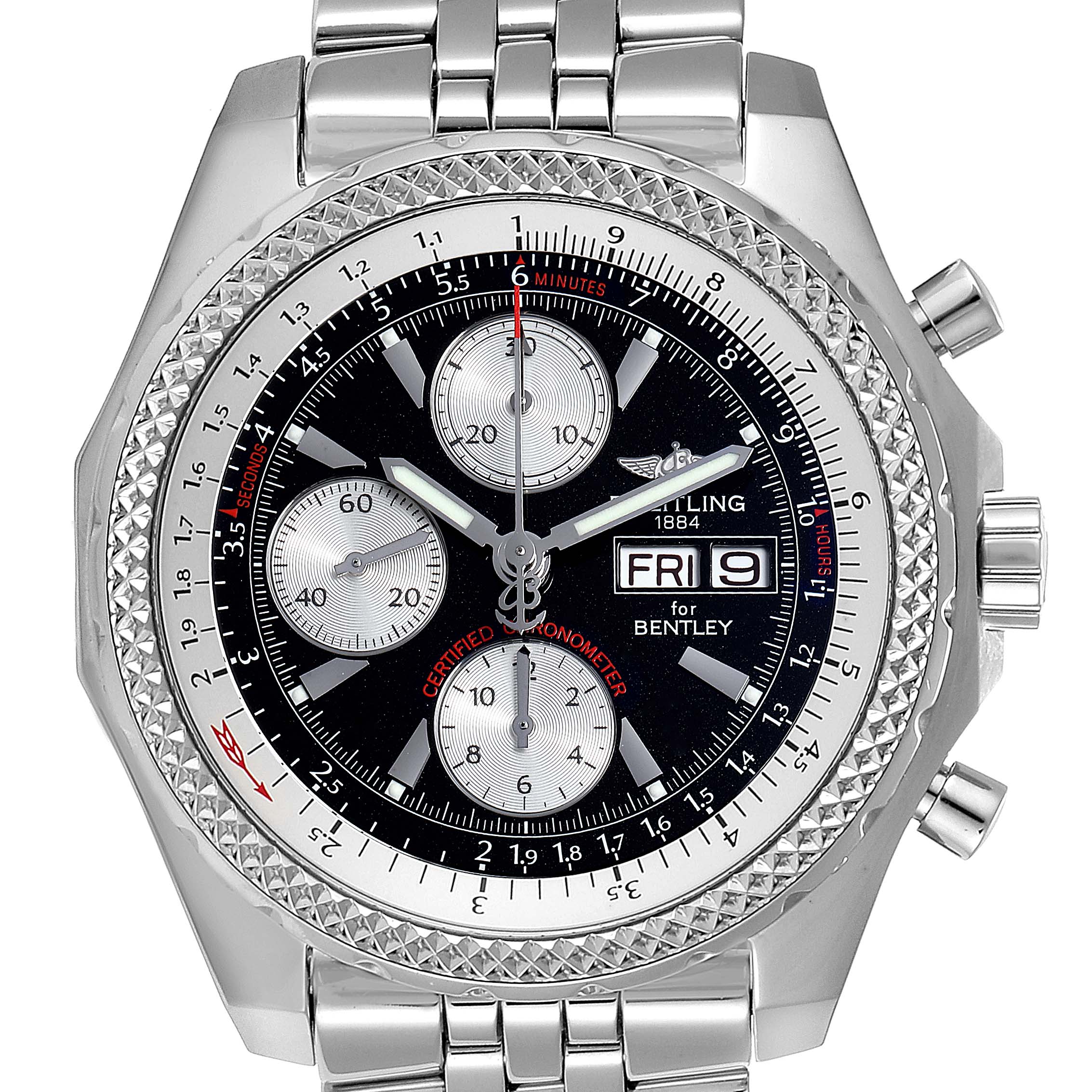 The image shows a front view of the Breitling Bentley A13362 Men
s Stainless Steel Black Dial A13362 Men
s Stainless Steel Black Dial model watch, displaying its face, dials, bezel, and part of its metal bracelet.