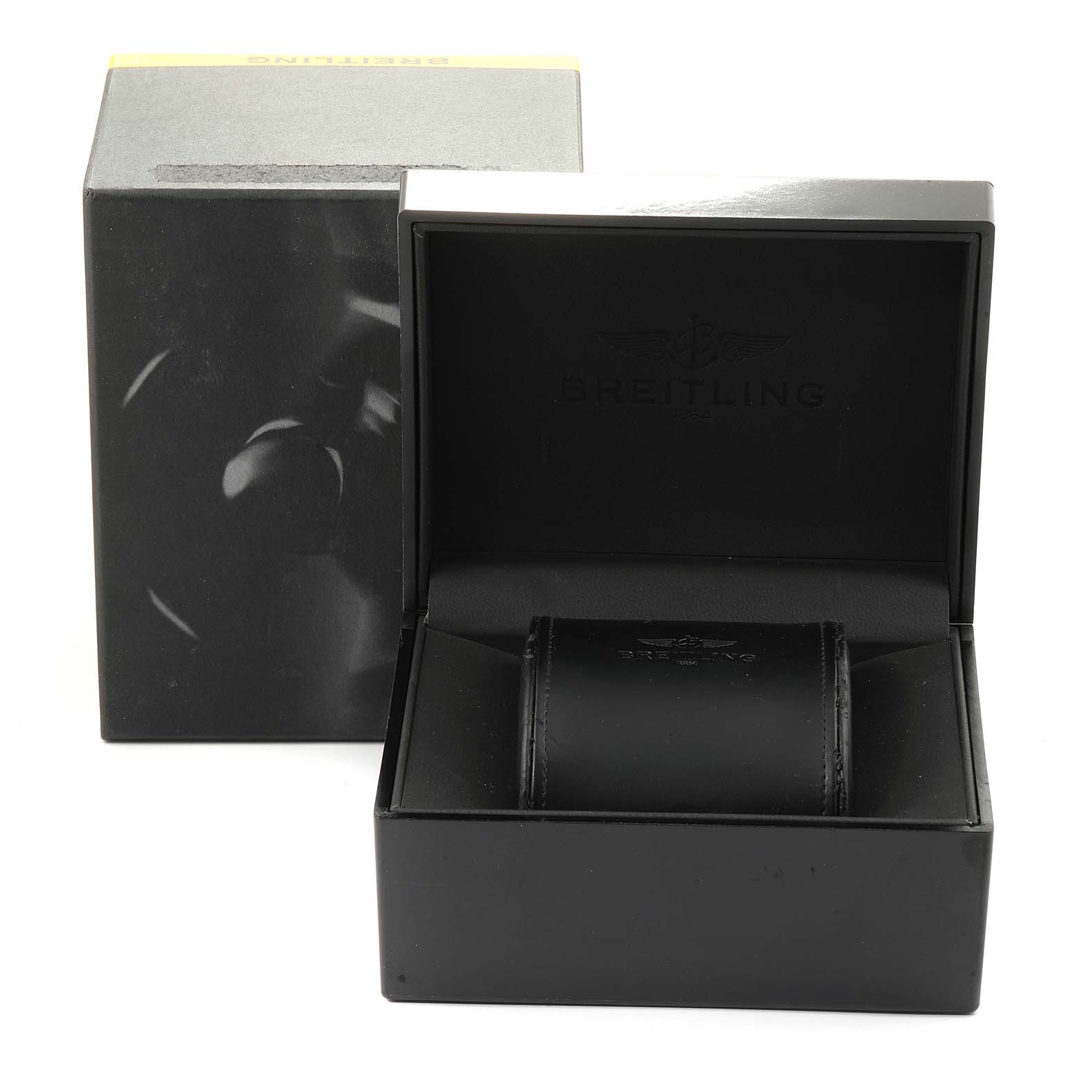 This image shows the opened box and watch case for a Breitling Bentley A13362 Men
s Stainless Steel Black Dial A13362 Men
s Stainless Steel Black Dial model, showcasing the interior packaging.