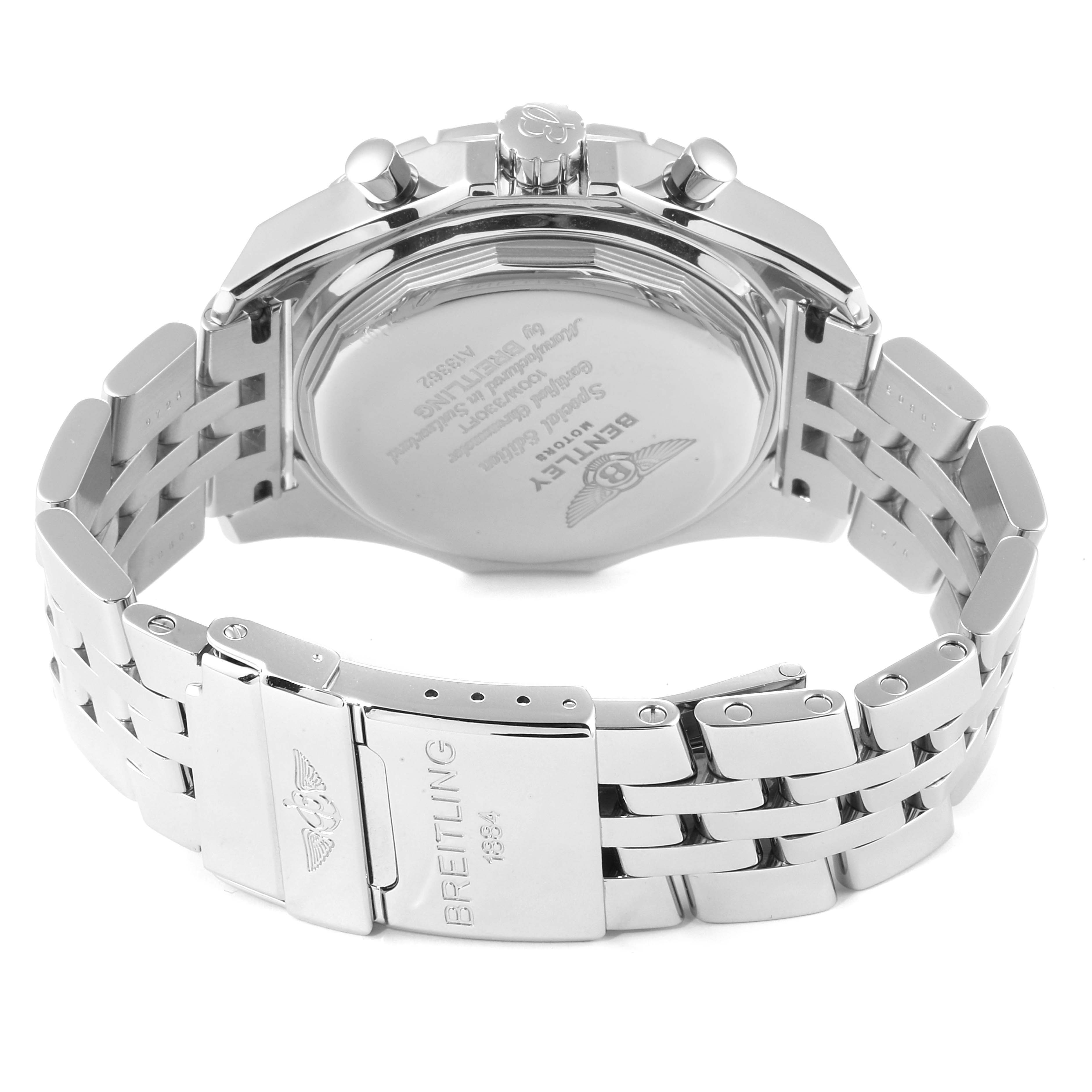 The image shows the back case and metal bracelet of a Breitling Bentley A13362 Men
s Stainless Steel Black Dial A13362 Men
s Stainless Steel Black Dial model watch, clearly displaying the clasp and engraved details.