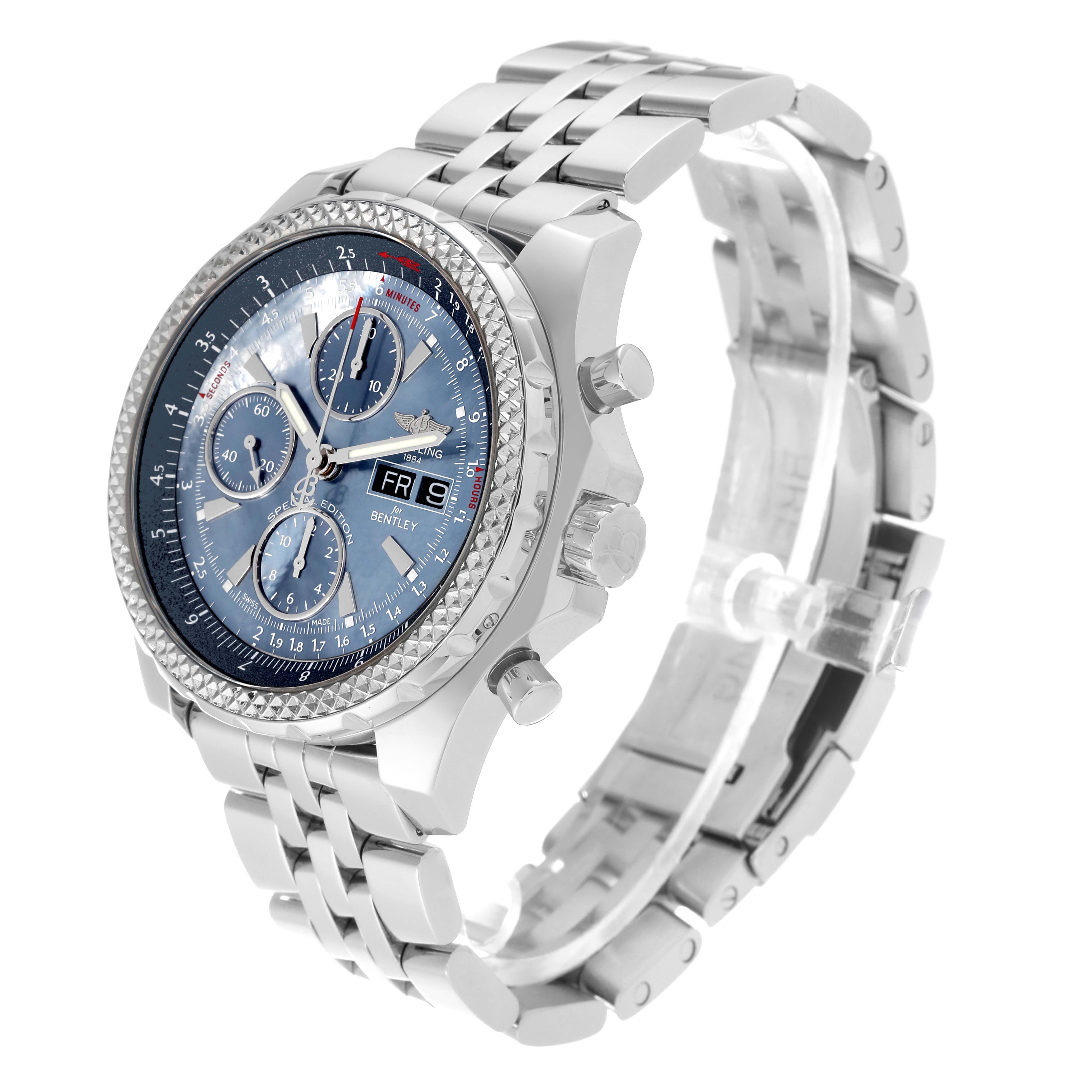 The Breitling Bentley A13362 Men's Stainless Steel Mother of Pearl Dial A13362 Men's Stainless Steel Mother of Pearl Dial watch is angled showing the face, side buttons, and metal bracelet.