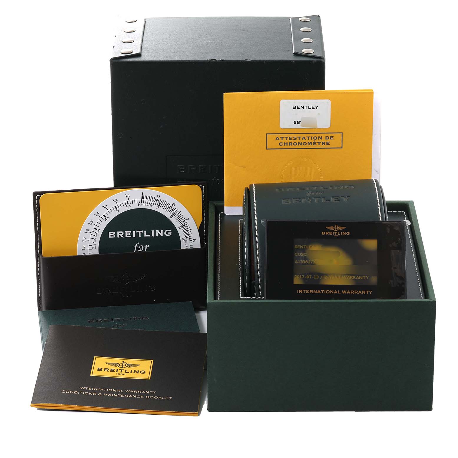 The image shows a Breitling Bentley A13362 Men's Stainless Steel Mother of Pearl Dial A13362 Men's Stainless Steel Mother of Pearl Dial model watch case, warranty cards, booklet, and packaging box from a front angle.