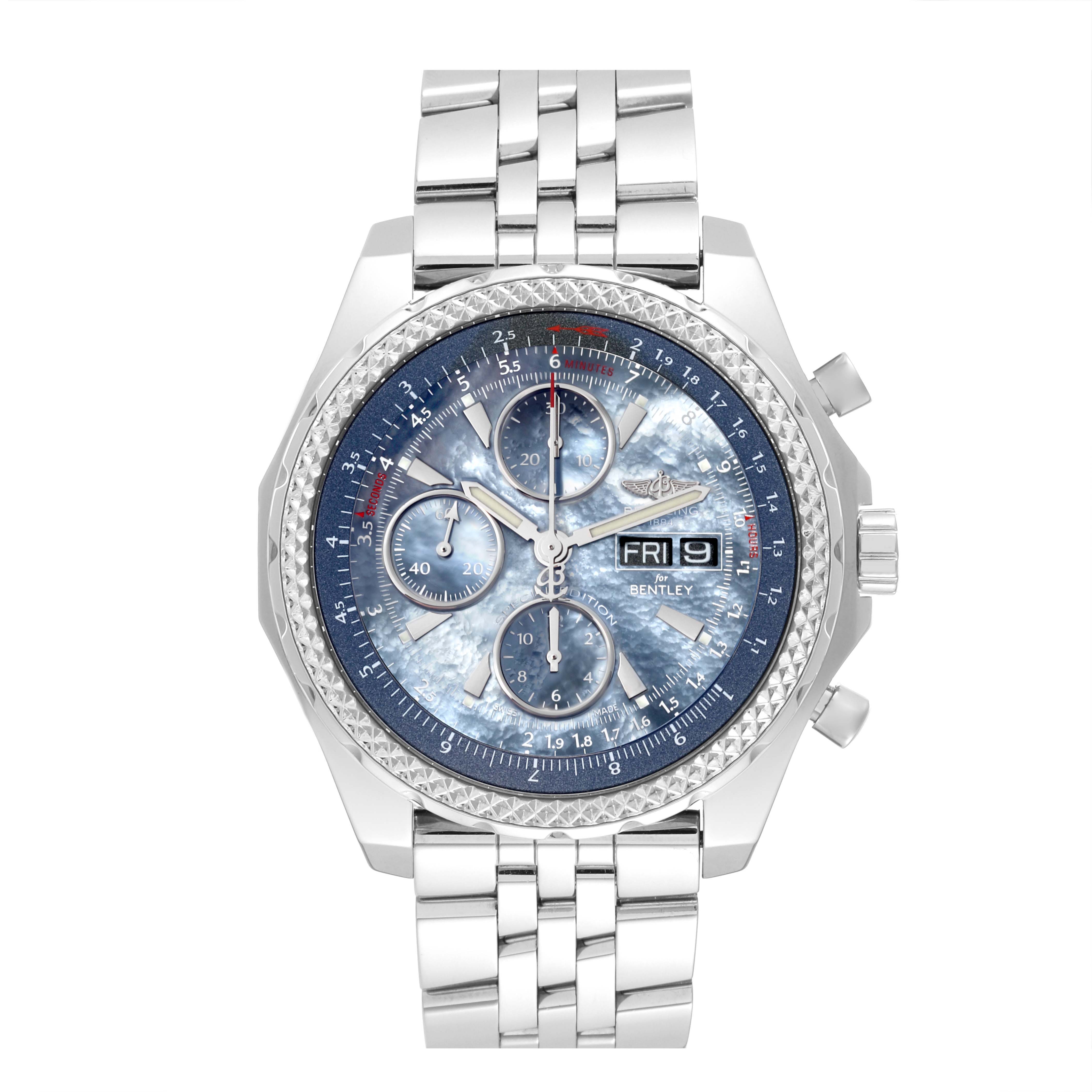 The image shows a front view of the Bentley model by Breitling, featuring its dial, bezel, and metal bracelet.