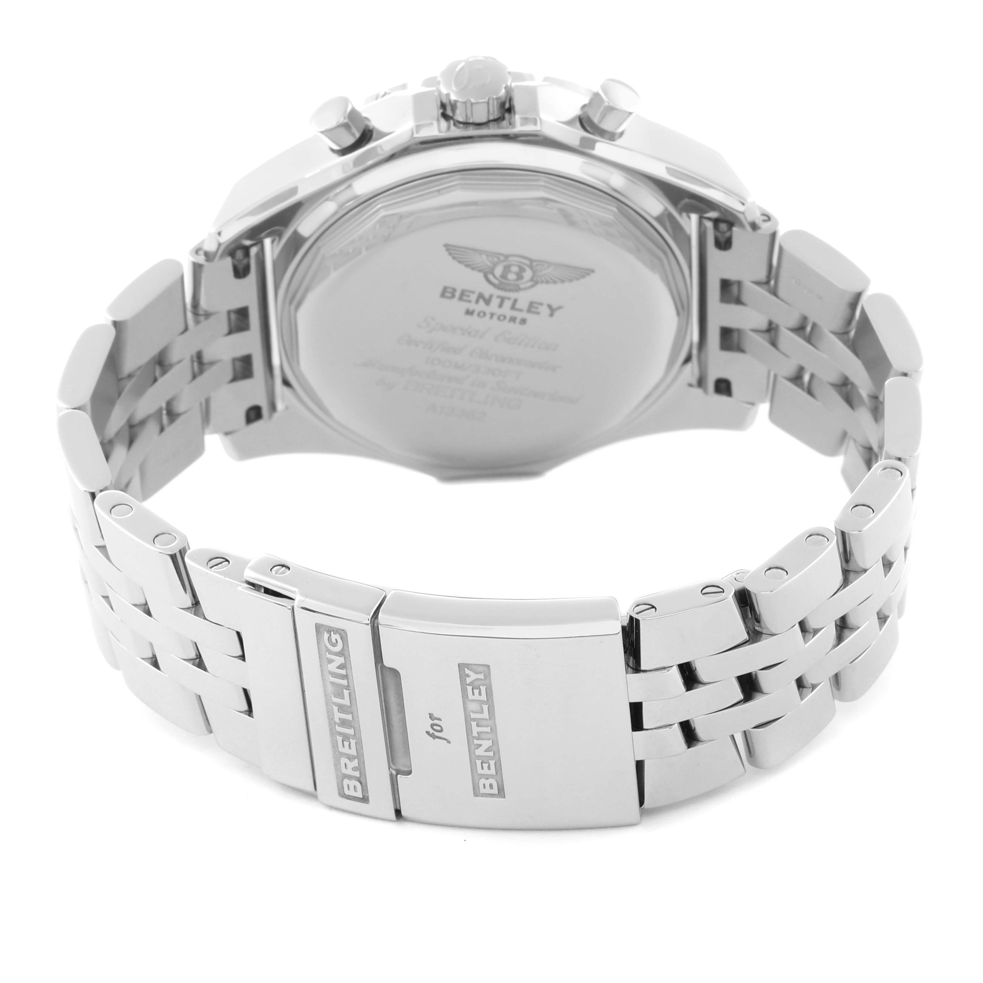 The image shows the back of the Bentley model by Breitling, highlighting the case back and metal bracelet clasp.
