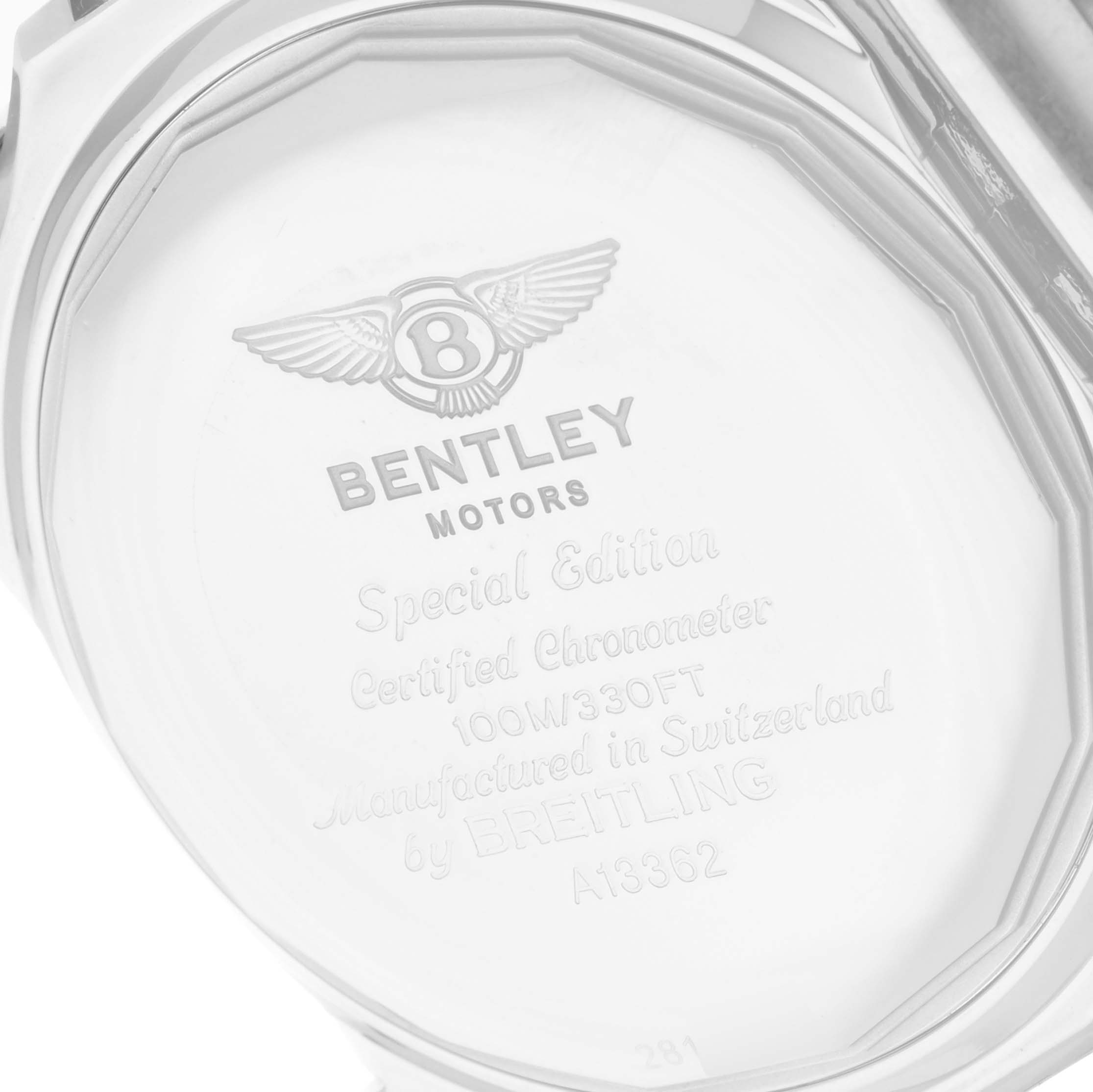 The image shows the back casing of a Bentley model watch by Breitling, highlighting its engravings and details.