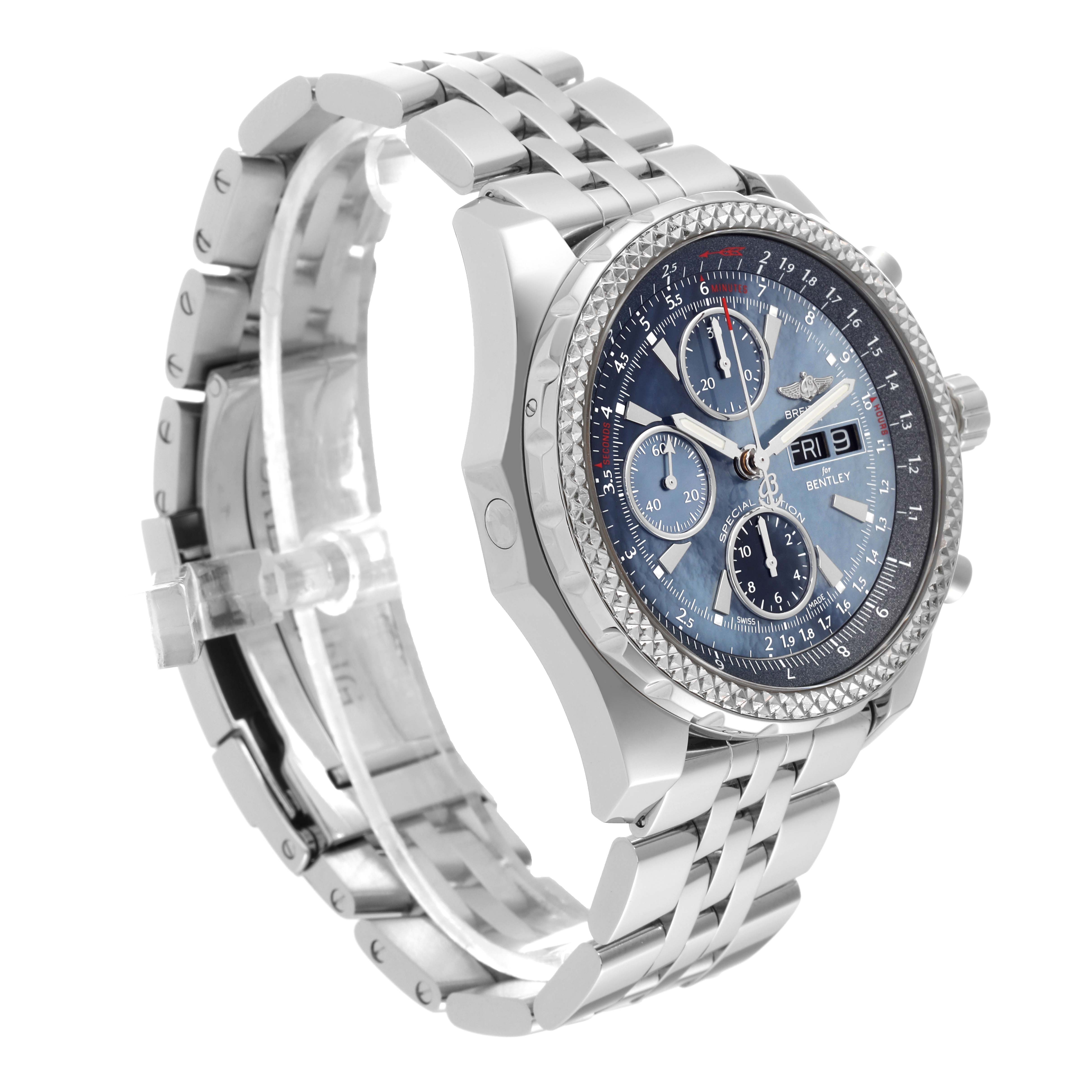 The Breitling Bentley A13362 Men's Stainless Steel Mother of Pearl Dial A13362 Men's Stainless Steel Mother of Pearl Dial watch is shown at a slight angle highlighting its bracelet, case, and intricate dial.