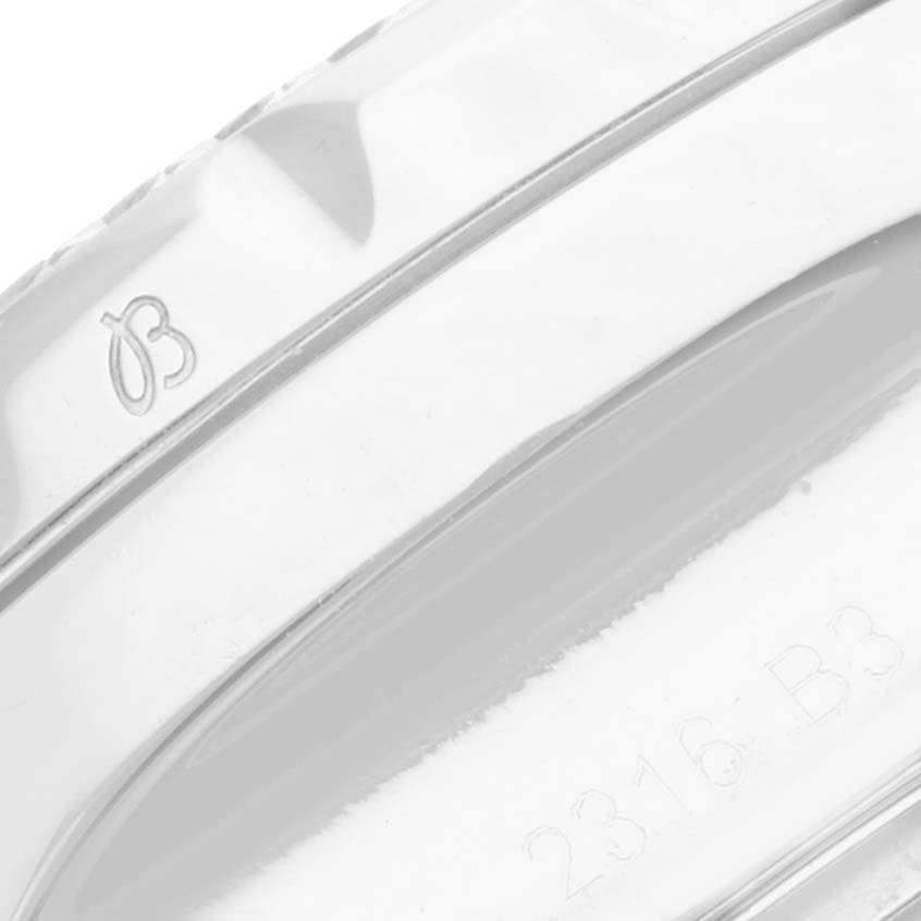 The image shows a close-up of the bezel on the Breitling Bentley A13362 Men's Stainless Steel Mother of Pearl Dial A13362 Men's Stainless Steel Mother of Pearl Dial model watch, highlighting its engraved details.