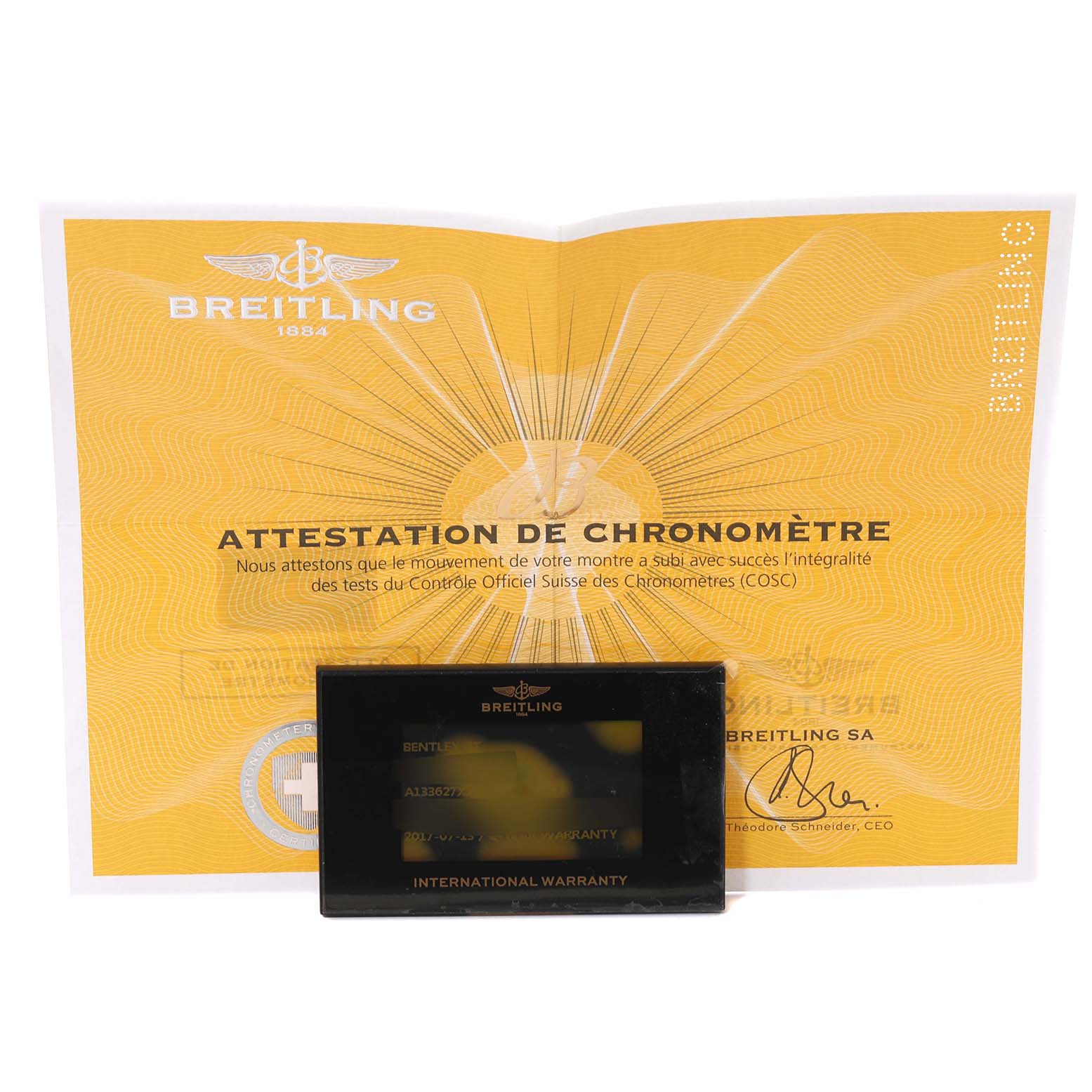 The image shows the international warranty card and chronometer certificate for a Breitling Bentley A13362 Men's Stainless Steel Mother of Pearl Dial A13362 Men's Stainless Steel Mother of Pearl Dial watch.