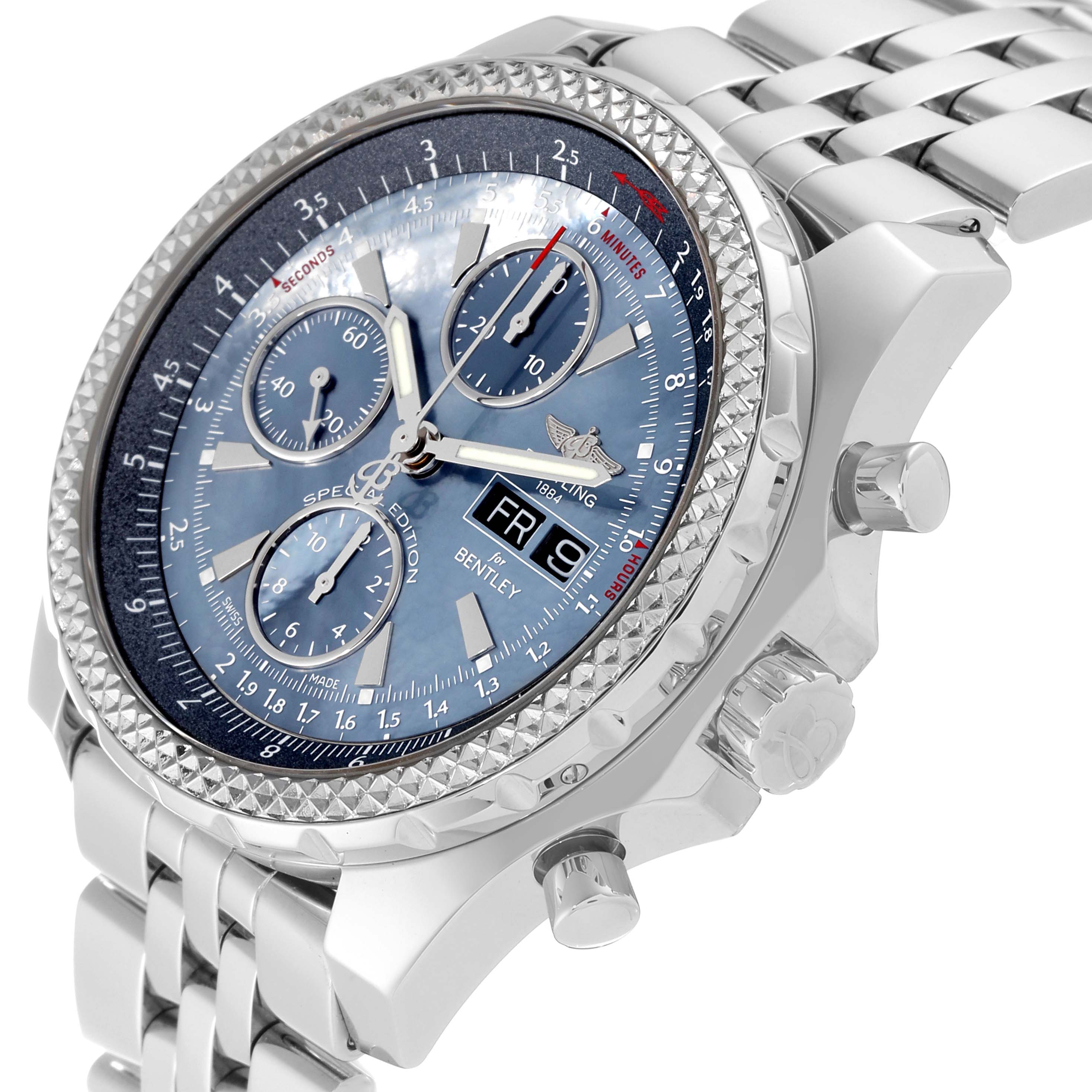 The Breitling Bentley A13362 Men's Stainless Steel Mother of Pearl Dial A13362 Men's Stainless Steel Mother of Pearl Dial watch is shown from an angled close-up, displaying its face, buttons, and part of the bracelet.