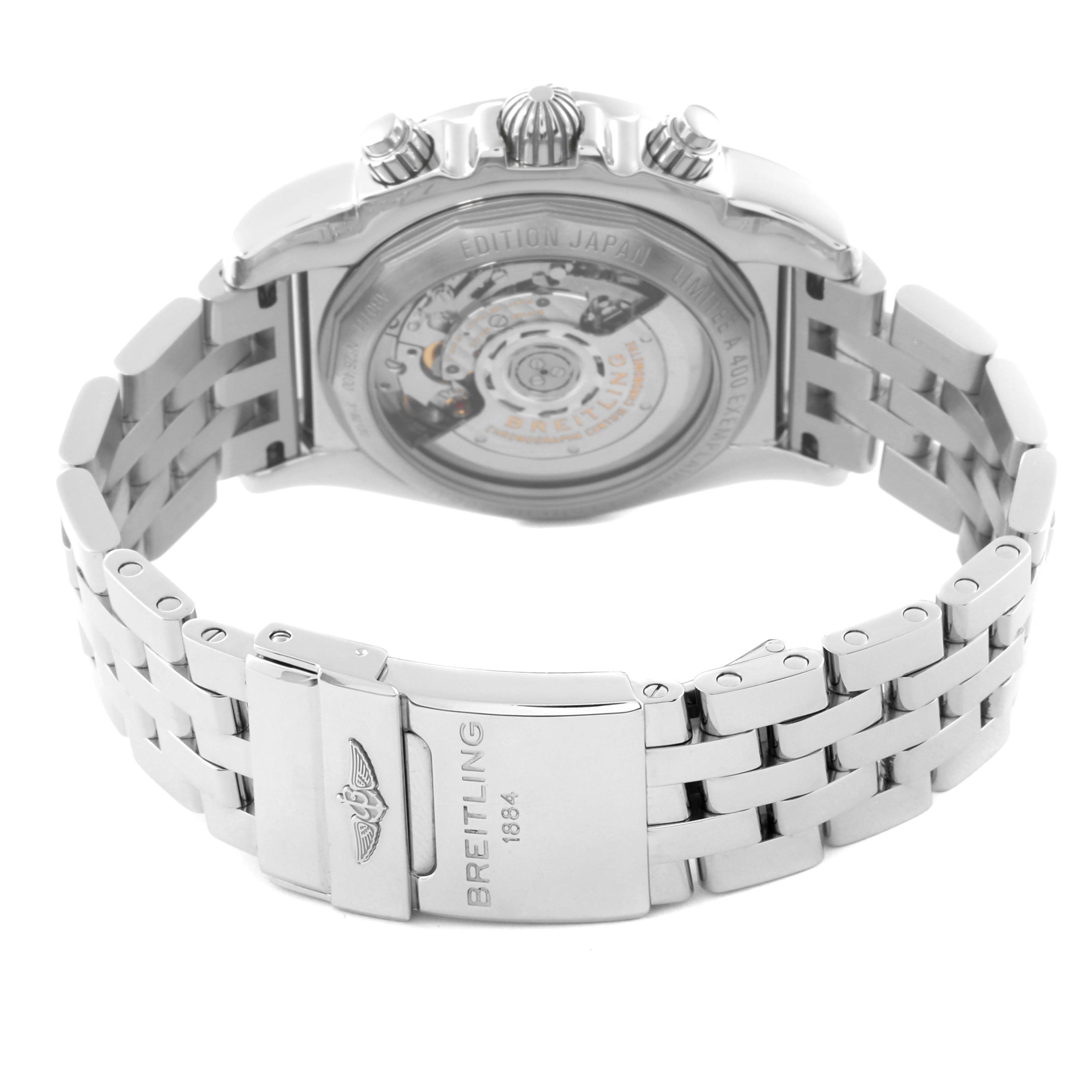 The image shows the back, clasp, and part of the bracelet of a Breitling Chronomat AB01111A/BF68 Men's Stainless Steel Mother of Pearl Dial AB01111A/BF68 Men's Stainless Steel Mother of Pearl Dial watch.