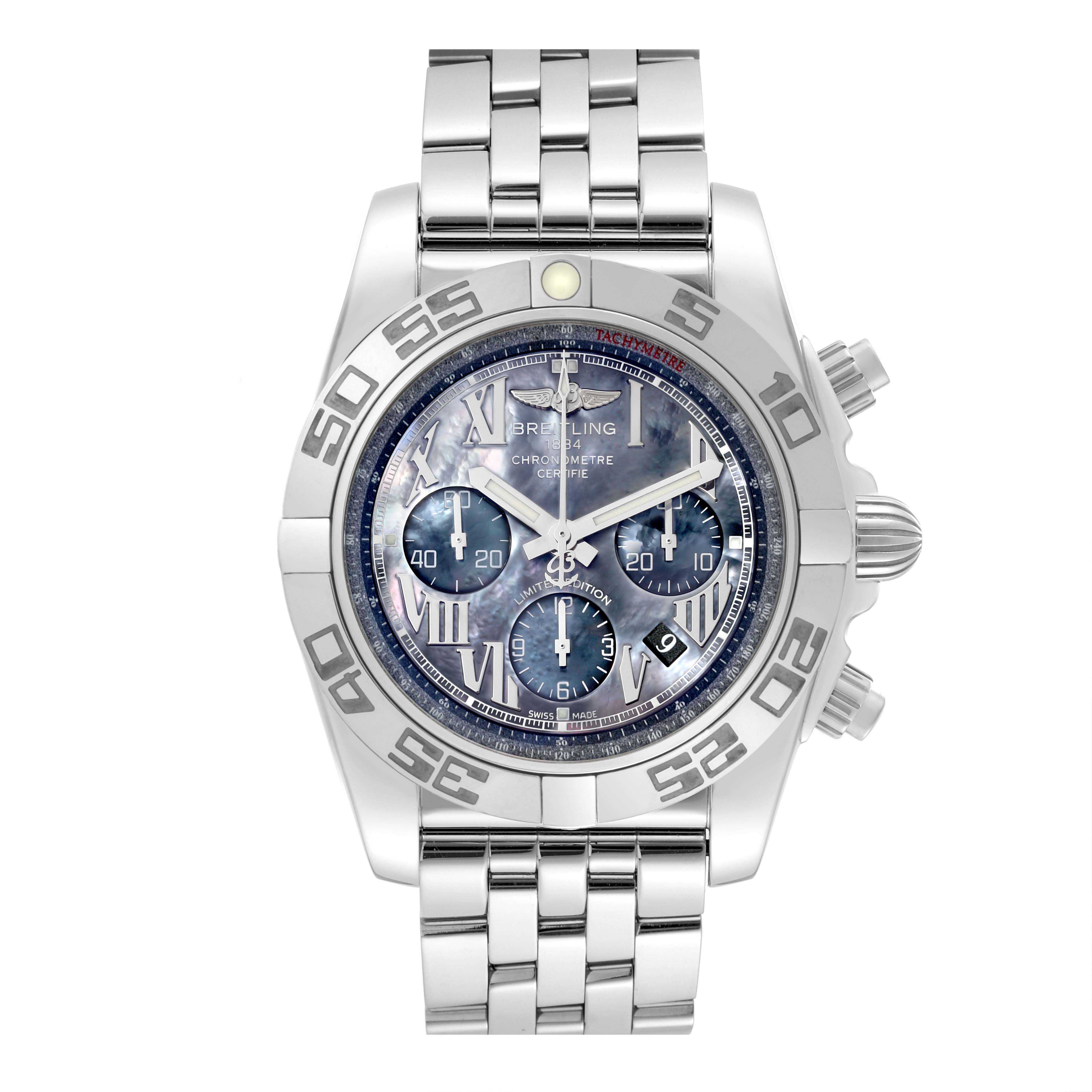 The image shows a front view of the Breitling Chronomat AB01111A/BF68 Men's Stainless Steel Mother of Pearl Dial AB01111A/BF68 Men's Stainless Steel Mother of Pearl Dial watch, displaying its dial, bezel, and metal bracelet.