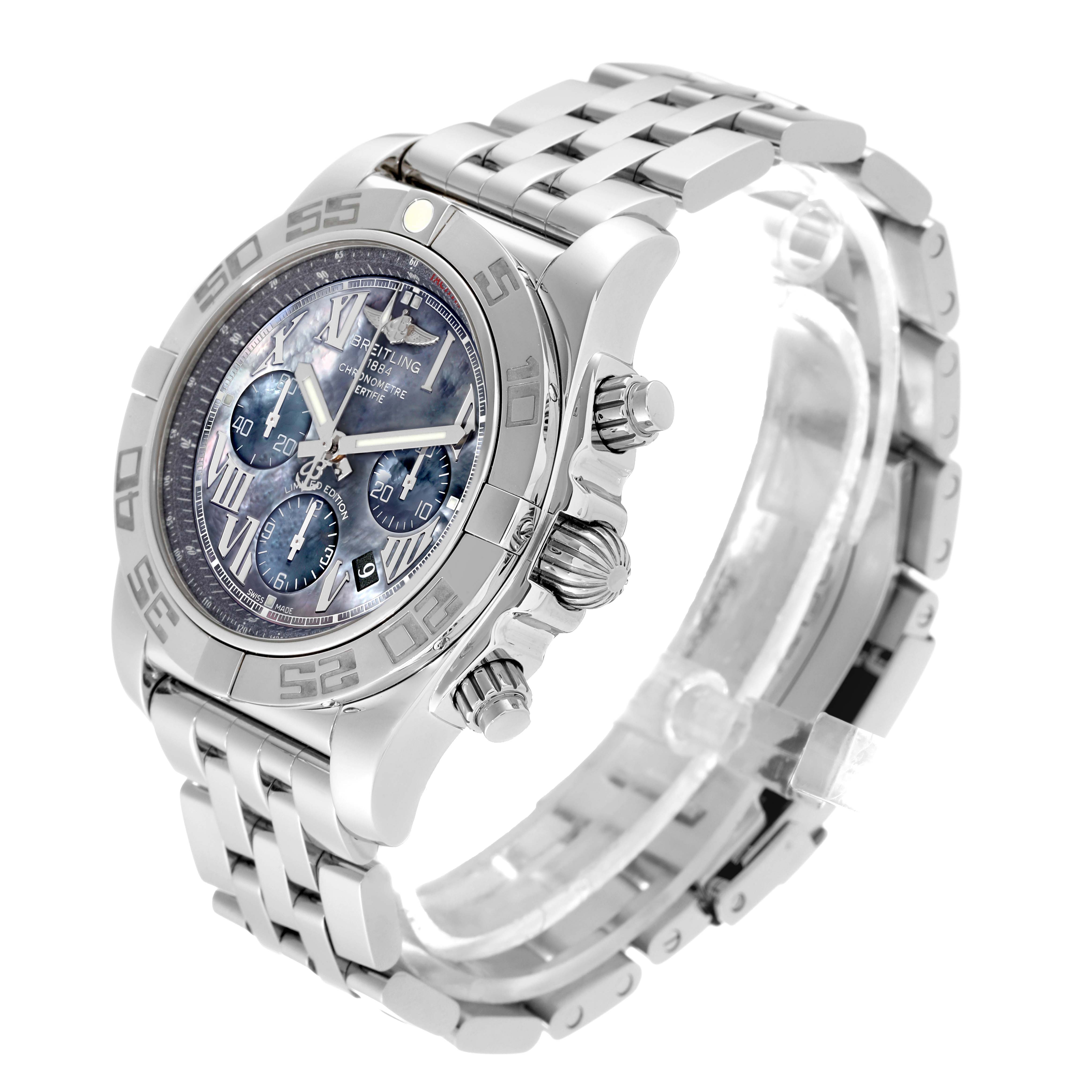 The Breitling Chronomat AB01111A/BF68 Men's Stainless Steel Mother of Pearl Dial AB01111A/BF68 Men's Stainless Steel Mother of Pearl Dial watch is shown at a three-quarter angle, highlighting its dial, bezel, crown, and stainless steel bracelet.