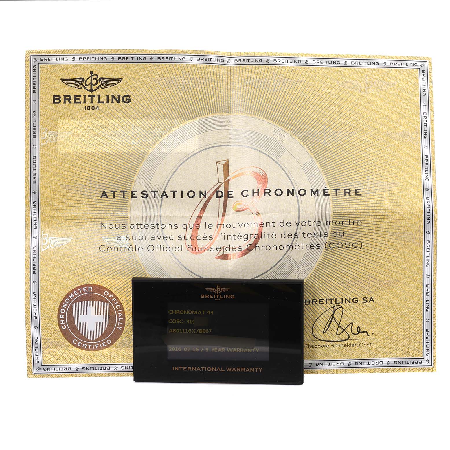 The image shows the certificate of authenticity and international warranty card for a Breitling Chronomat AB01111A/BF68 Men's Stainless Steel Mother of Pearl Dial AB01111A/BF68 Men's Stainless Steel Mother of Pearl Dial watch.
