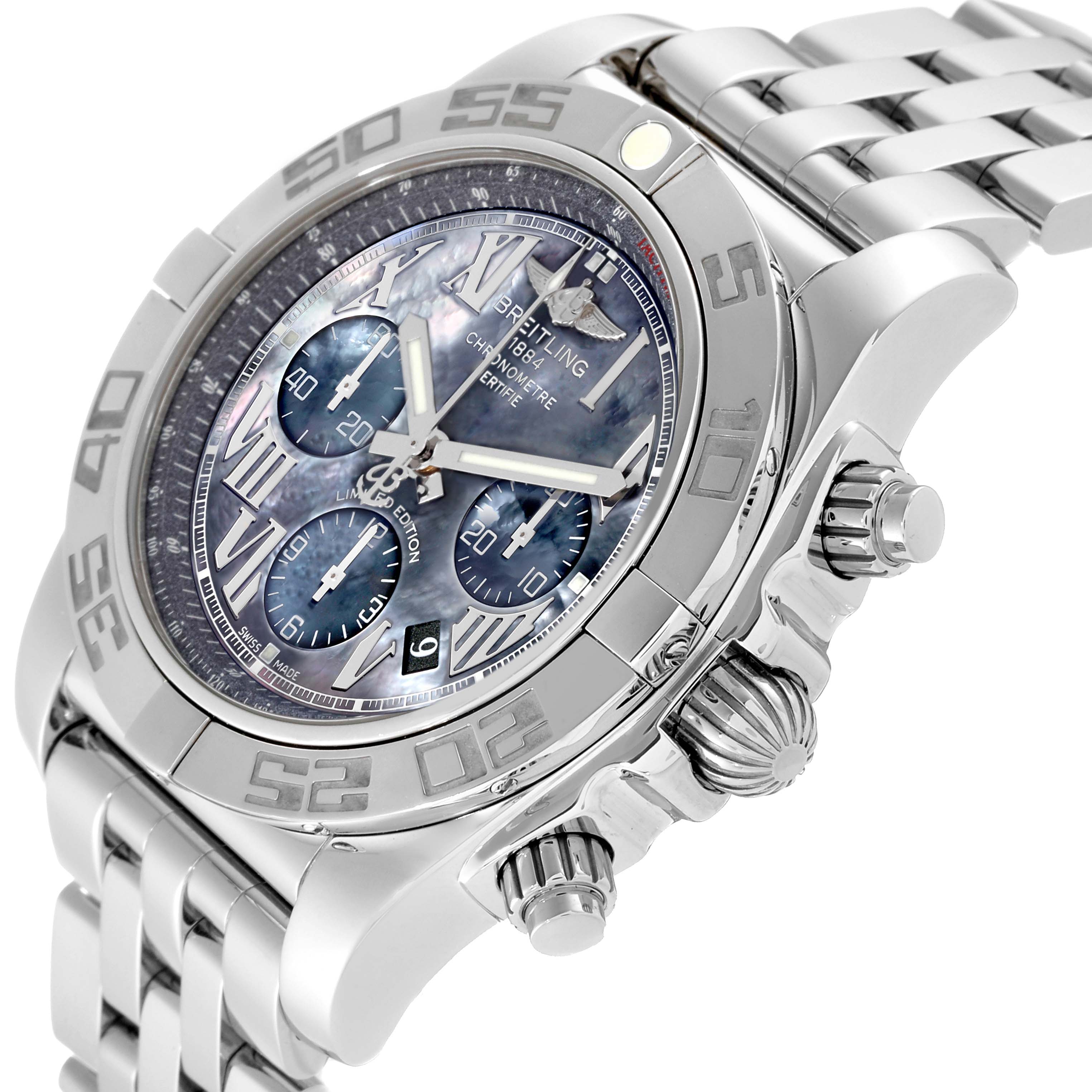 This image shows a Breitling Chronomat AB01111A/BF68 Men's Stainless Steel Mother of Pearl Dial AB01111A/BF68 Men's Stainless Steel Mother of Pearl Dial watch at a 45-degree angle, highlighting its face, bezel, crown, and part of the bracelet.