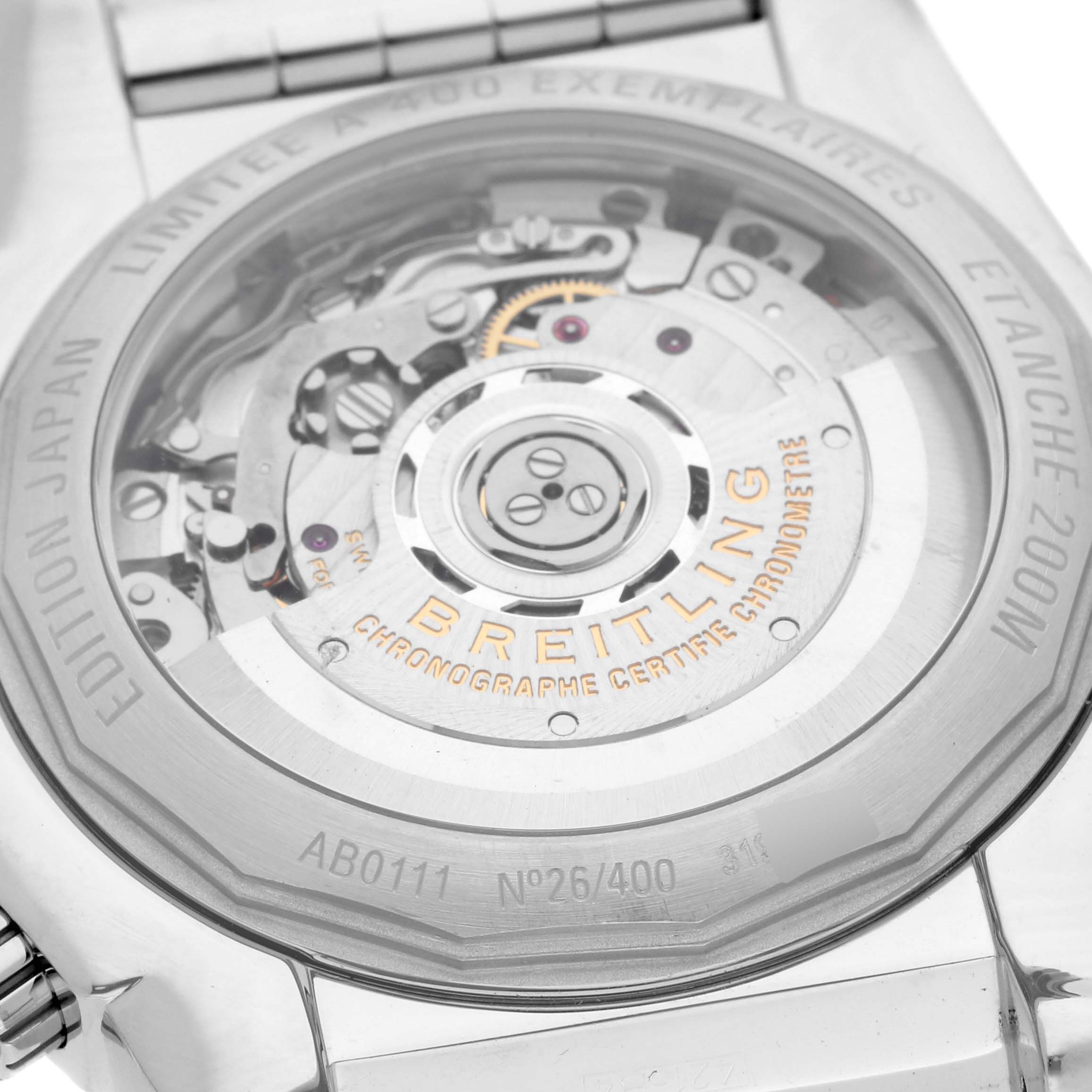 The image shows the case back of the Breitling Chronomat AB01111A/BF68 Men's Stainless Steel Mother of Pearl Dial AB01111A/BF68 Men's Stainless Steel Mother of Pearl Dial watch, highlighting the movement and the engraved details.