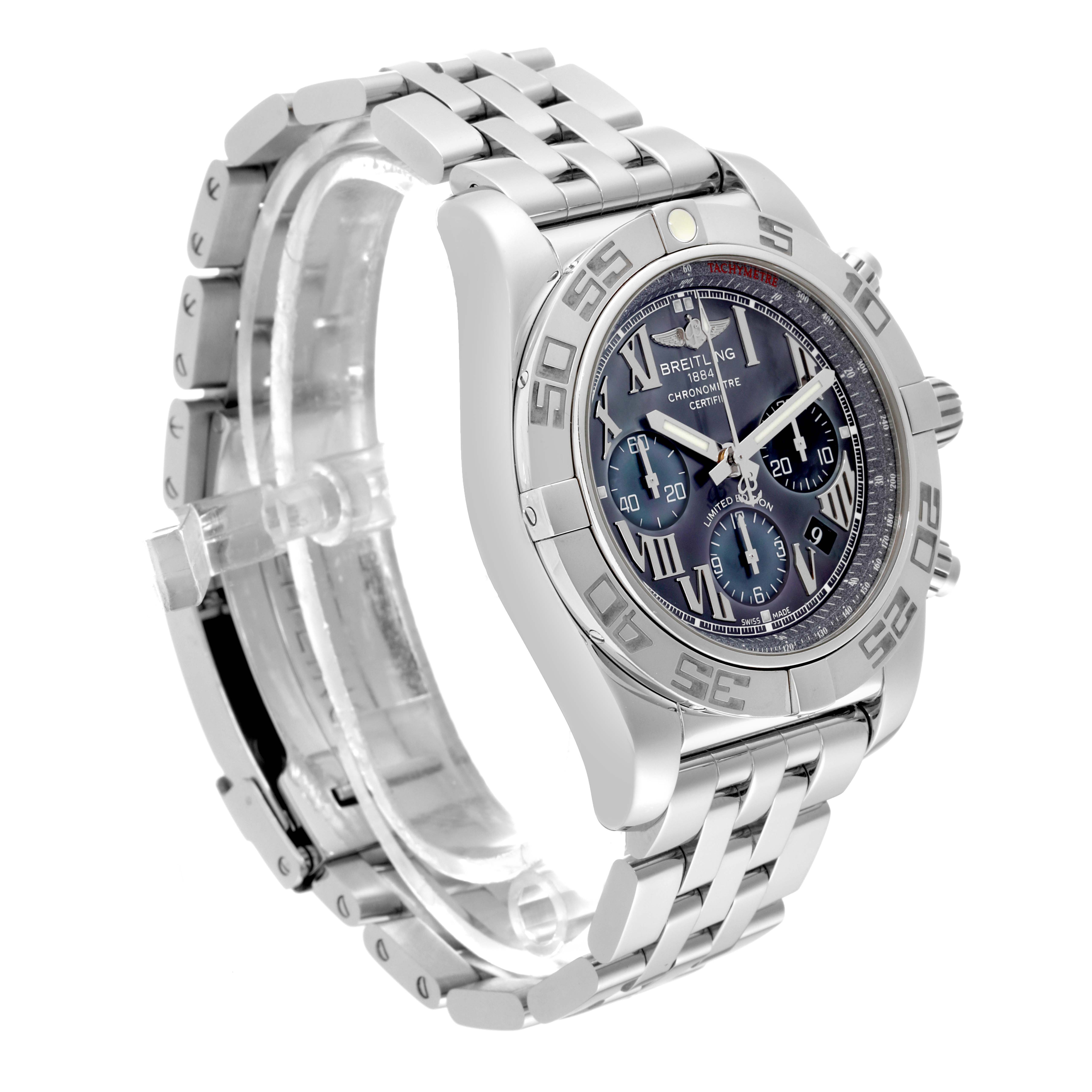 The Breitling Chronomat AB01111A/BF68 Men's Stainless Steel Mother of Pearl Dial AB01111A/BF68 Men's Stainless Steel Mother of Pearl Dial watch is shown at a three-quarter angle, highlighting its bezel, dial, and stainless steel bracelet.