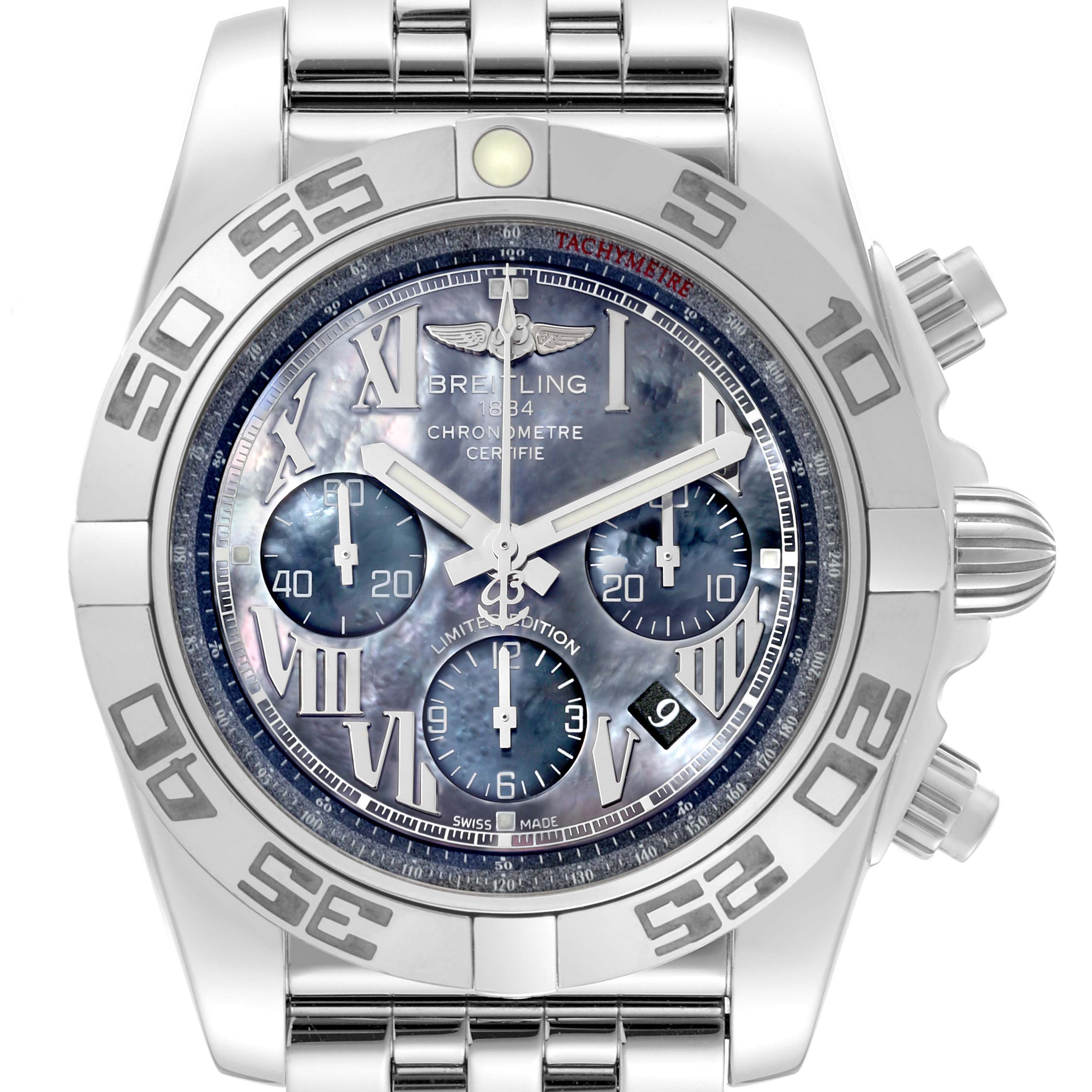 The image shows a front angle view of the Breitling Chronomat AB01111A/BF68 Men's Stainless Steel Mother of Pearl Dial AB01111A/BF68 Men's Stainless Steel Mother of Pearl Dial watch, highlighting its dial, bezel, and metallic bracelet.