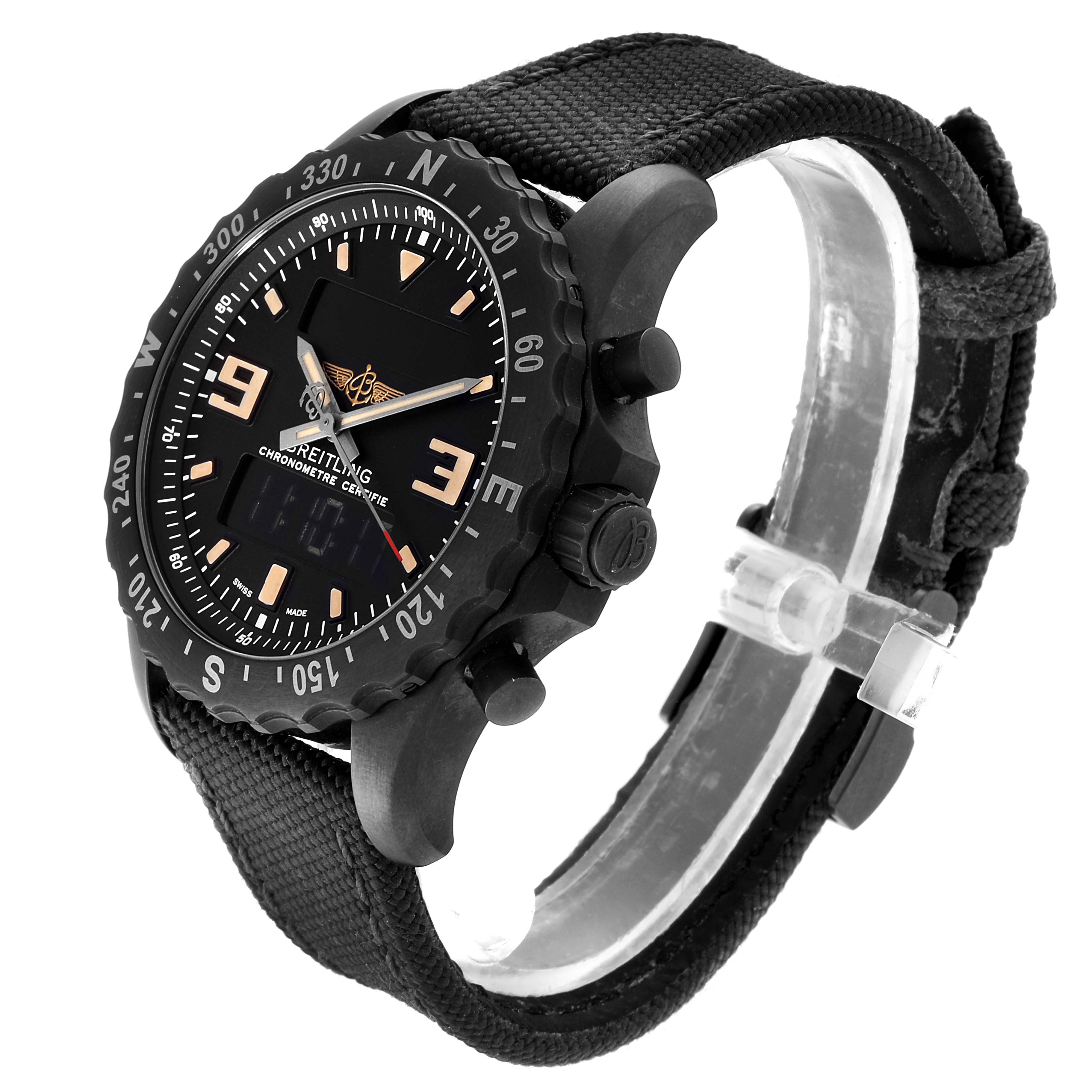 The image shows a side angle of a Breitling Professional Series M78366 Men's Stainless Steel Black Dial M78366 Men's Stainless Steel Black Dial watch, highlighting its bezel, face, crown, and strap.
