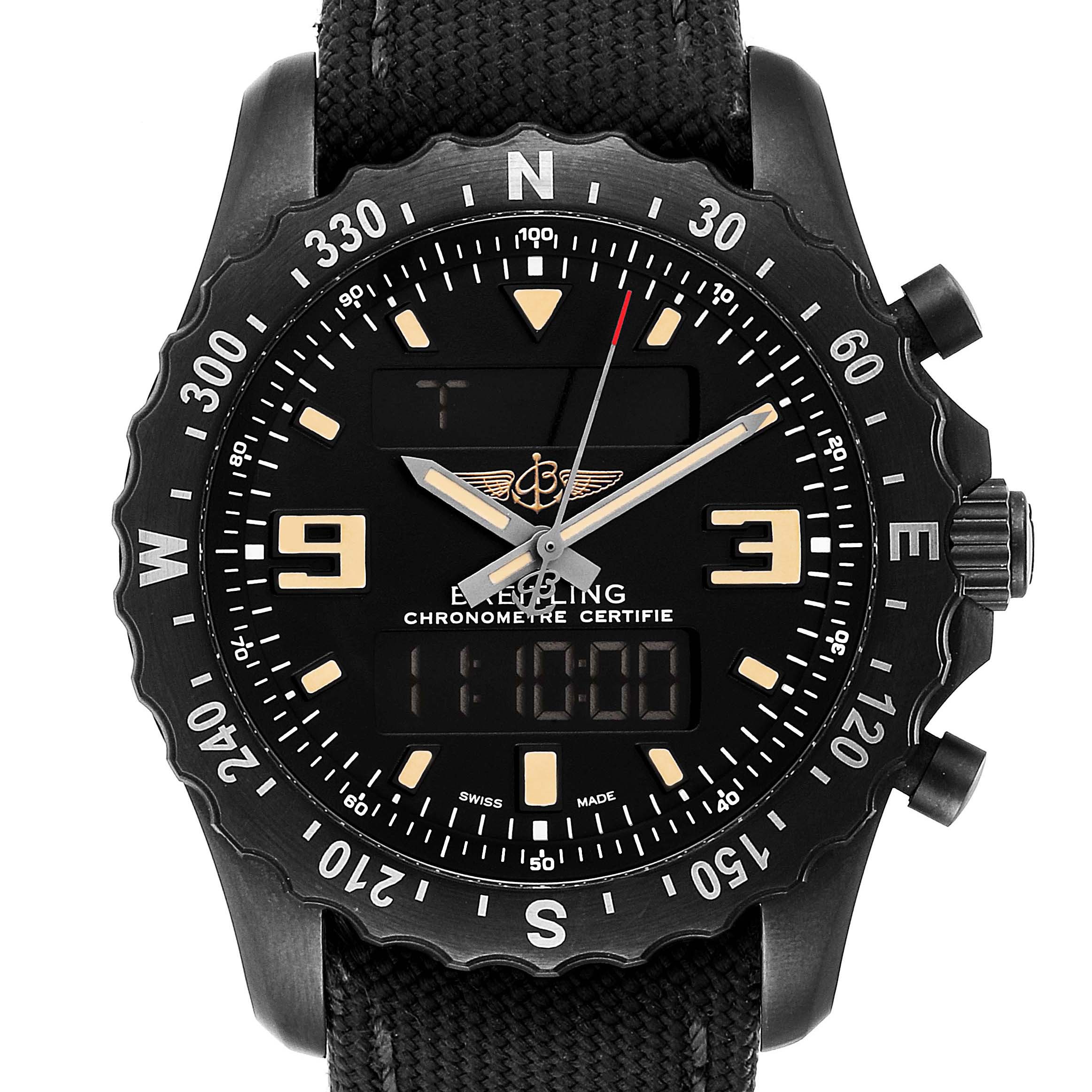 This is a front-view shot of a Breitling Professional Series M78366 Men's Stainless Steel Black Dial M78366 Men's Stainless Steel Black Dial watch, showing its dial, bezel, hands, and digital display.