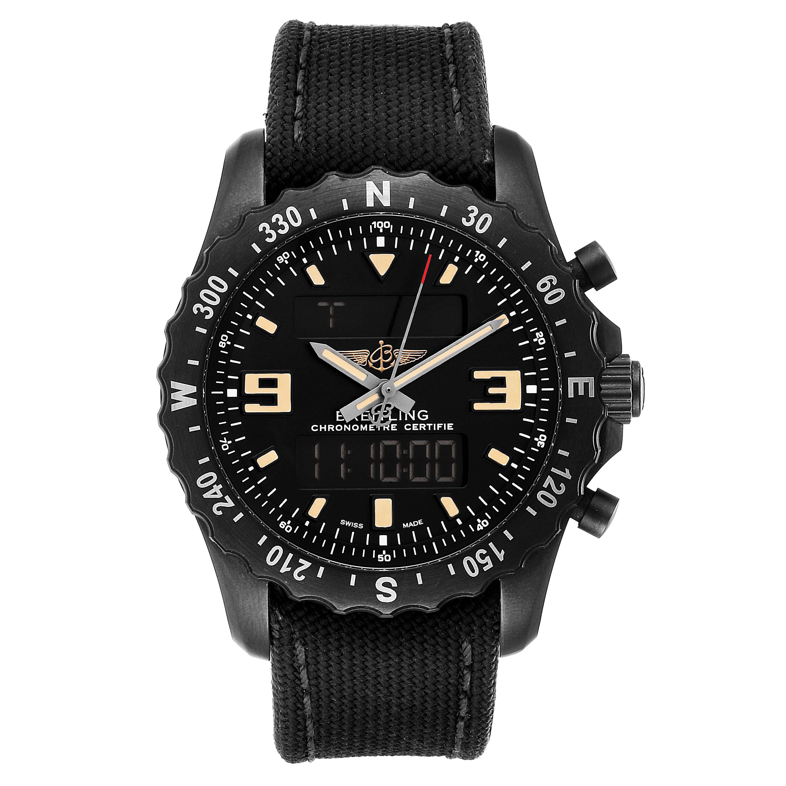 The image shows a front view of a Breitling Professional Series M78366 Men's Stainless Steel Black Dial M78366 Men's Stainless Steel Black Dial watch with a black dial, fabric strap, and visible bezel markings.
