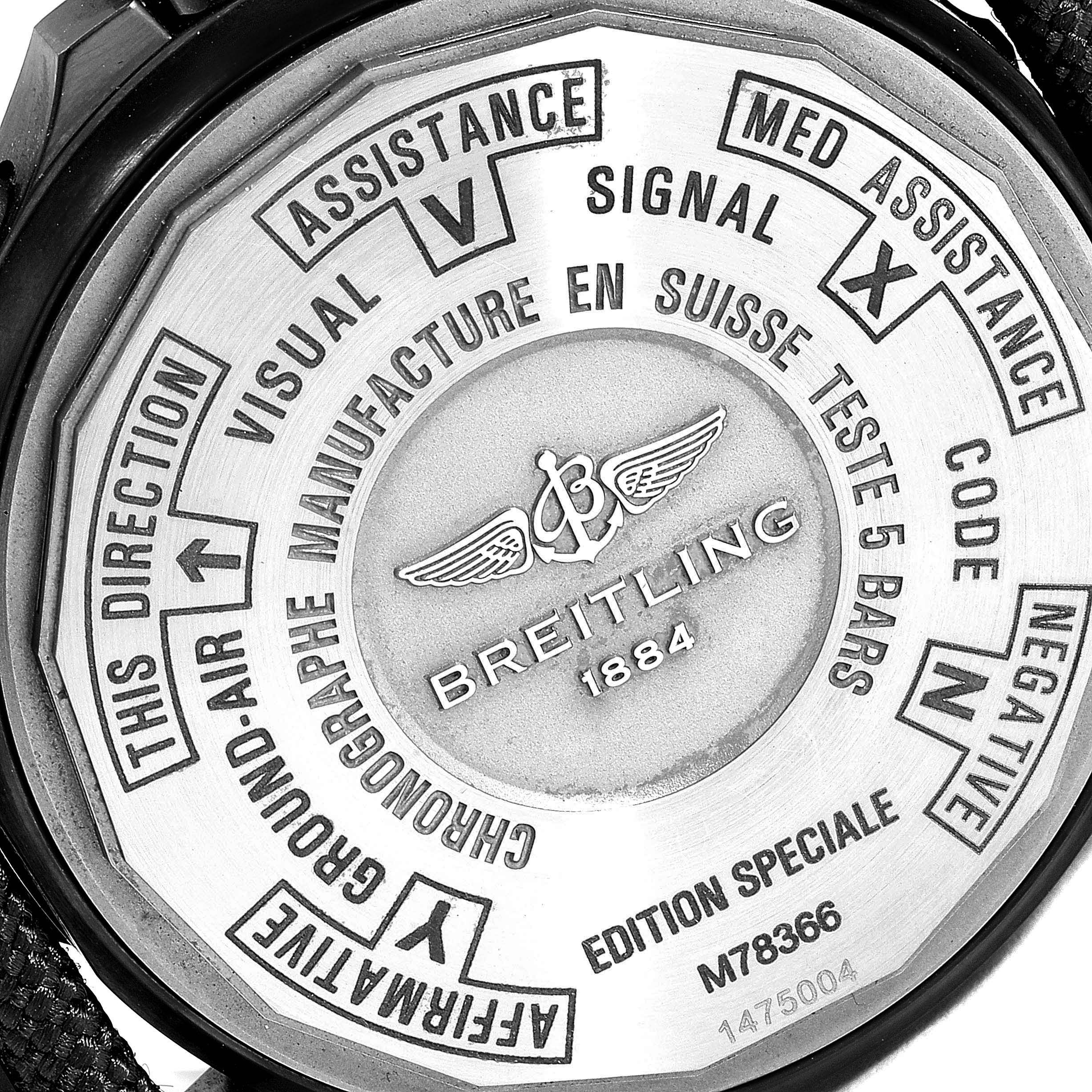 This image shows the back case of a Breitling Professional Series M78366 Men's Stainless Steel Black Dial M78366 Men's Stainless Steel Black Dial watch, detailing various emergency codes.