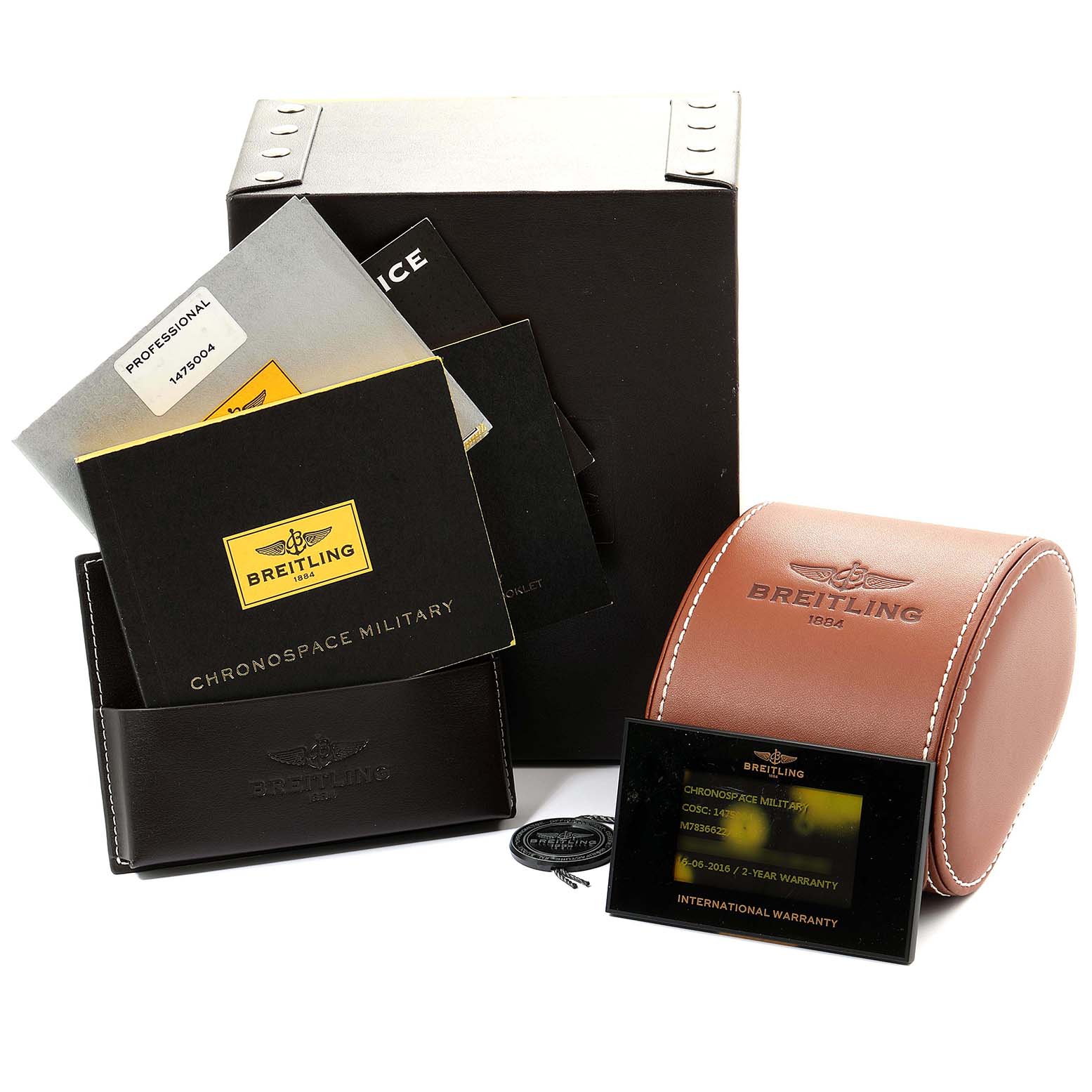 The image shows the packaging, documents, and leather case of the Breitling Professional Series M78366 Men's Stainless Steel Black Dial M78366 Men's Stainless Steel Black Dial Chronospace Military watch.