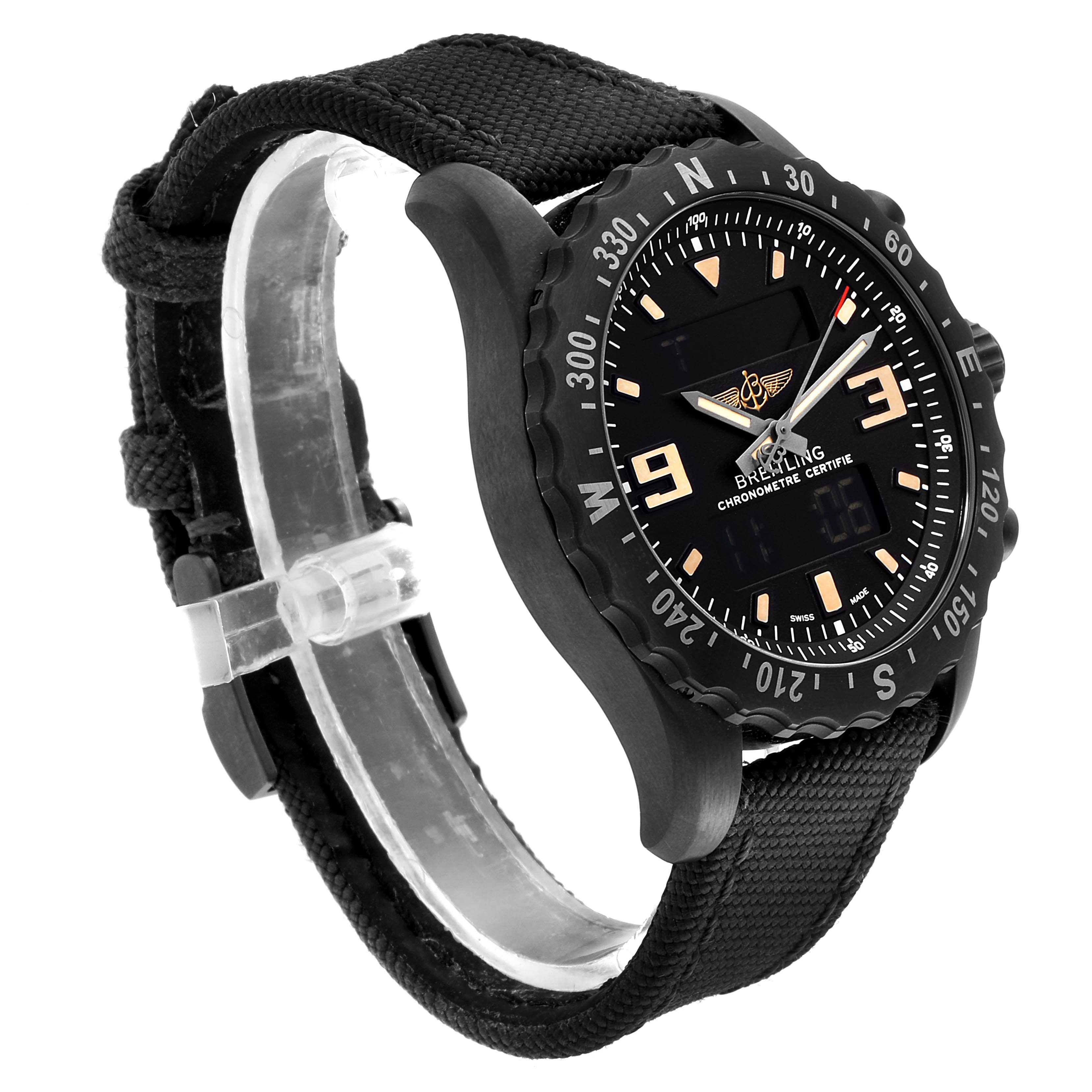 The image shows a side angled view of the Breitling Professional Series M78366 Men's Stainless Steel Black Dial M78366 Men's Stainless Steel Black Dial watch, highlighting the dial, bezel, and strap.