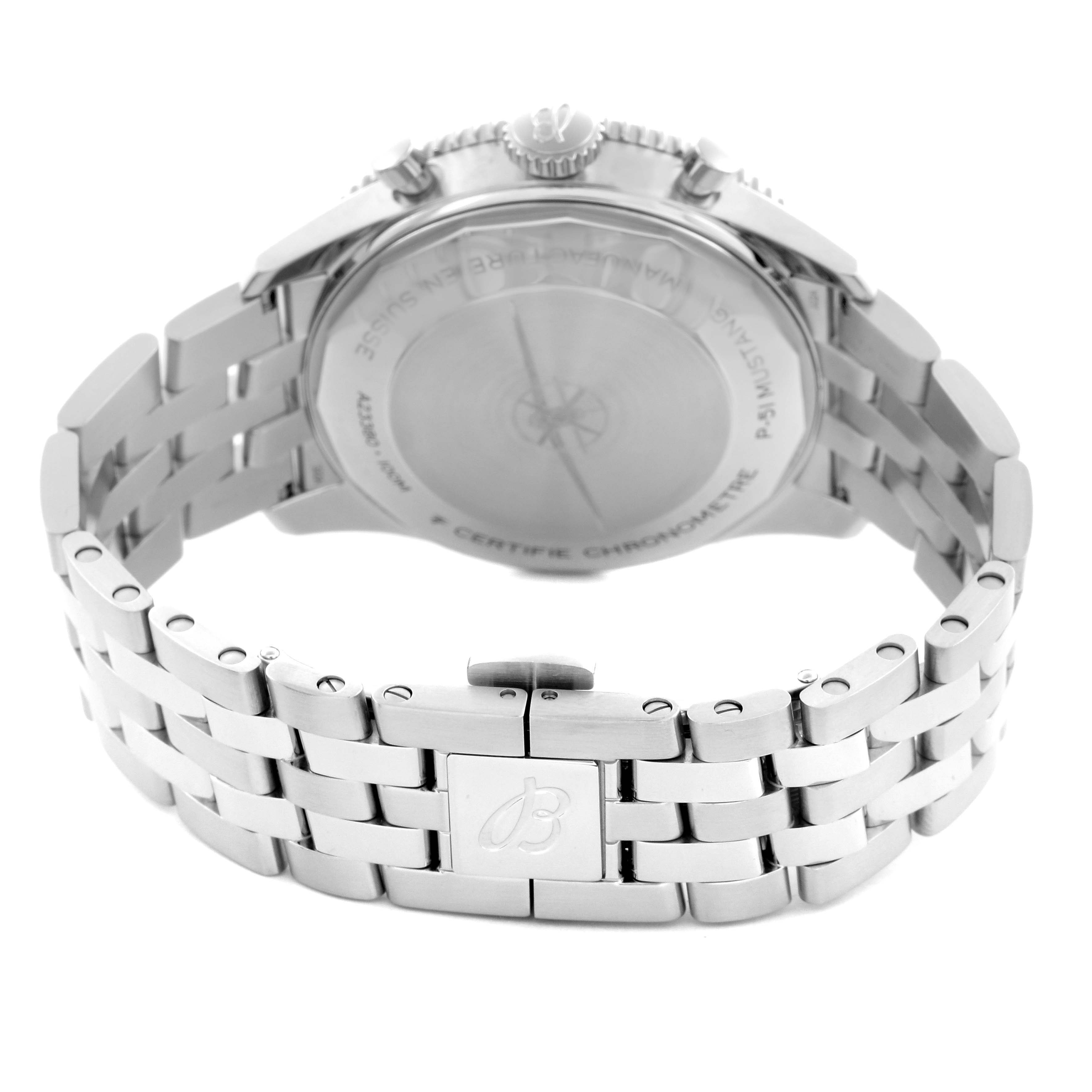 The image shows the back and bracelet of the Breitling Aviator A23380 Men's Stainless Steel Black Dial A23380 Men's Stainless Steel Black Dial watch, highlighting the clasp and engraved case back.