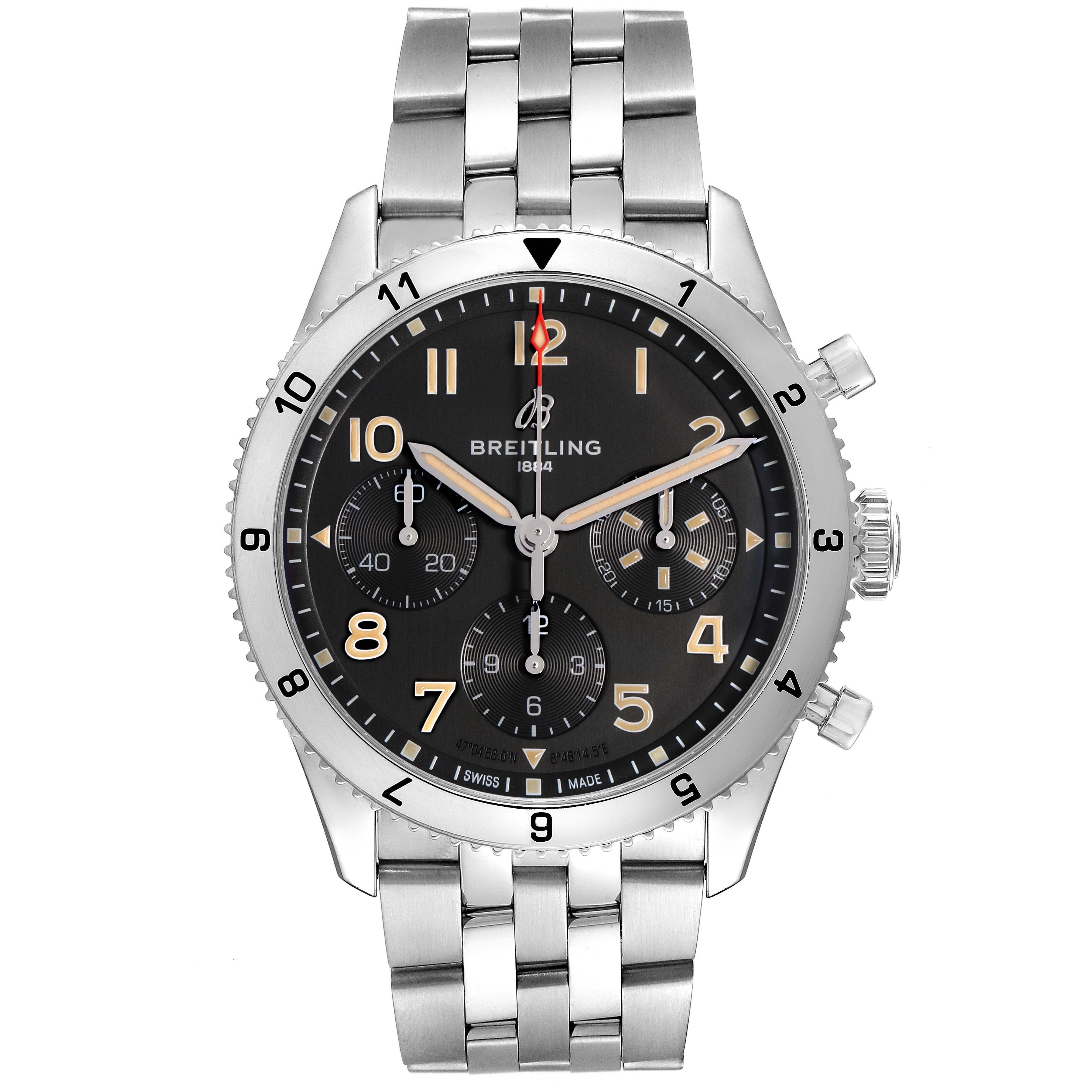 The Breitling Aviator A23380 Men's Stainless Steel Black Dial A23380 Men's Stainless Steel Black Dial watch is shown from a top-down angle, displaying its face, bezel, and metal bracelet.
