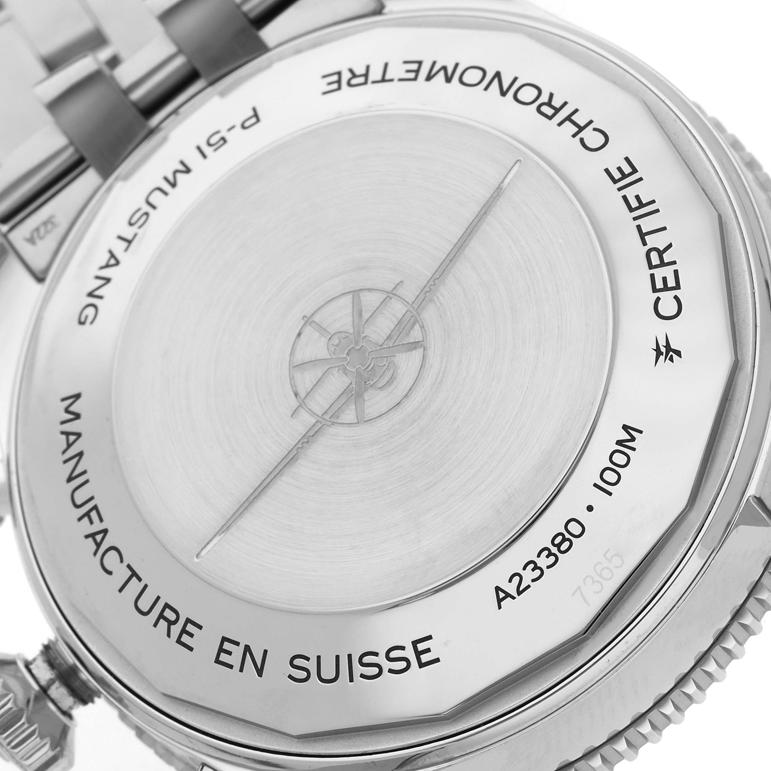 The image shows the back case of the Breitling Aviator A23380 Men's Stainless Steel Black Dial A23380 Men's Stainless Steel Black Dial model, displaying engravings and a propeller motif.