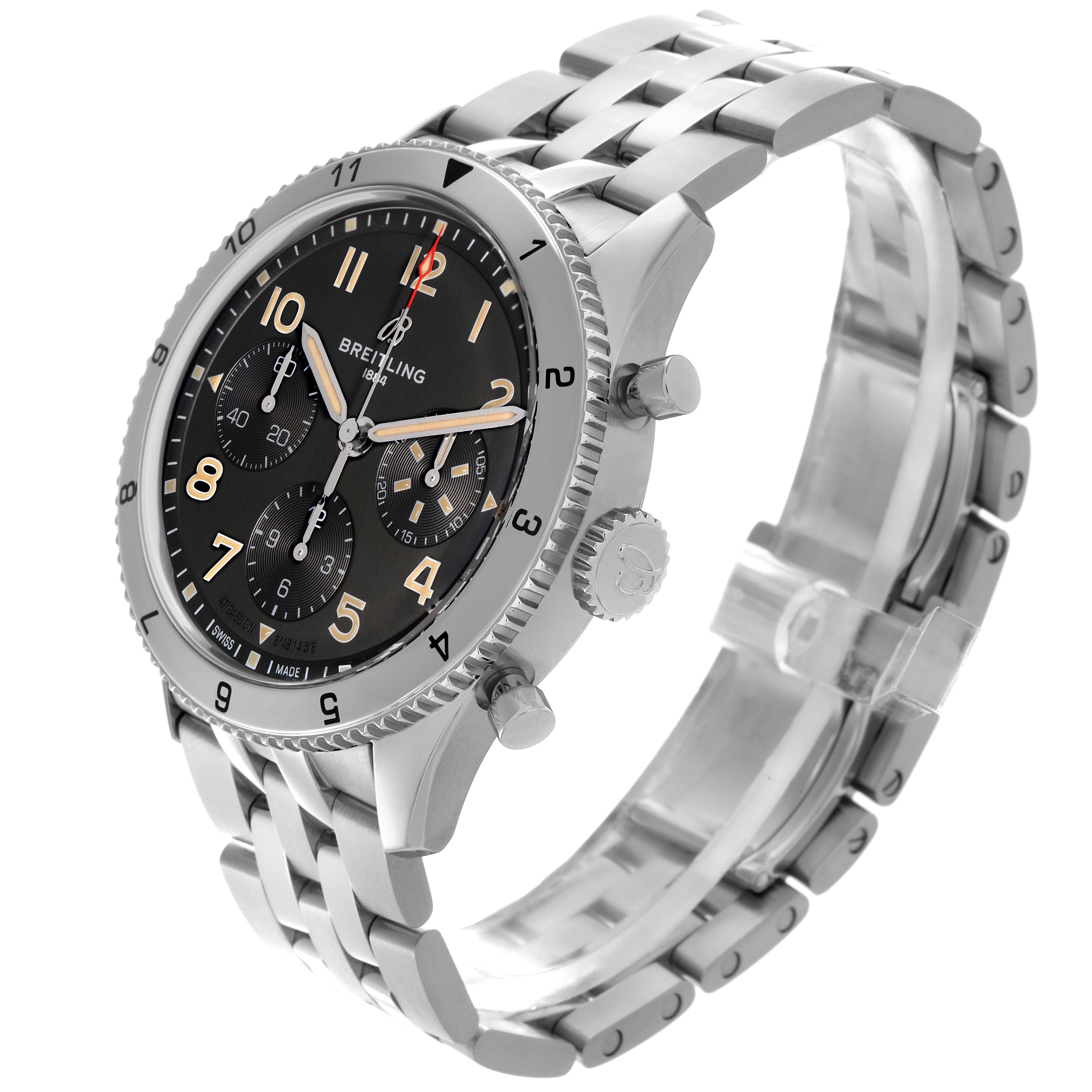 The Breitling Aviator A23380 Men's Stainless Steel Black Dial A23380 Men's Stainless Steel Black Dial watch is shown at a three-quarter angle, highlighting the face, bezel, crown, and metal bracelet.