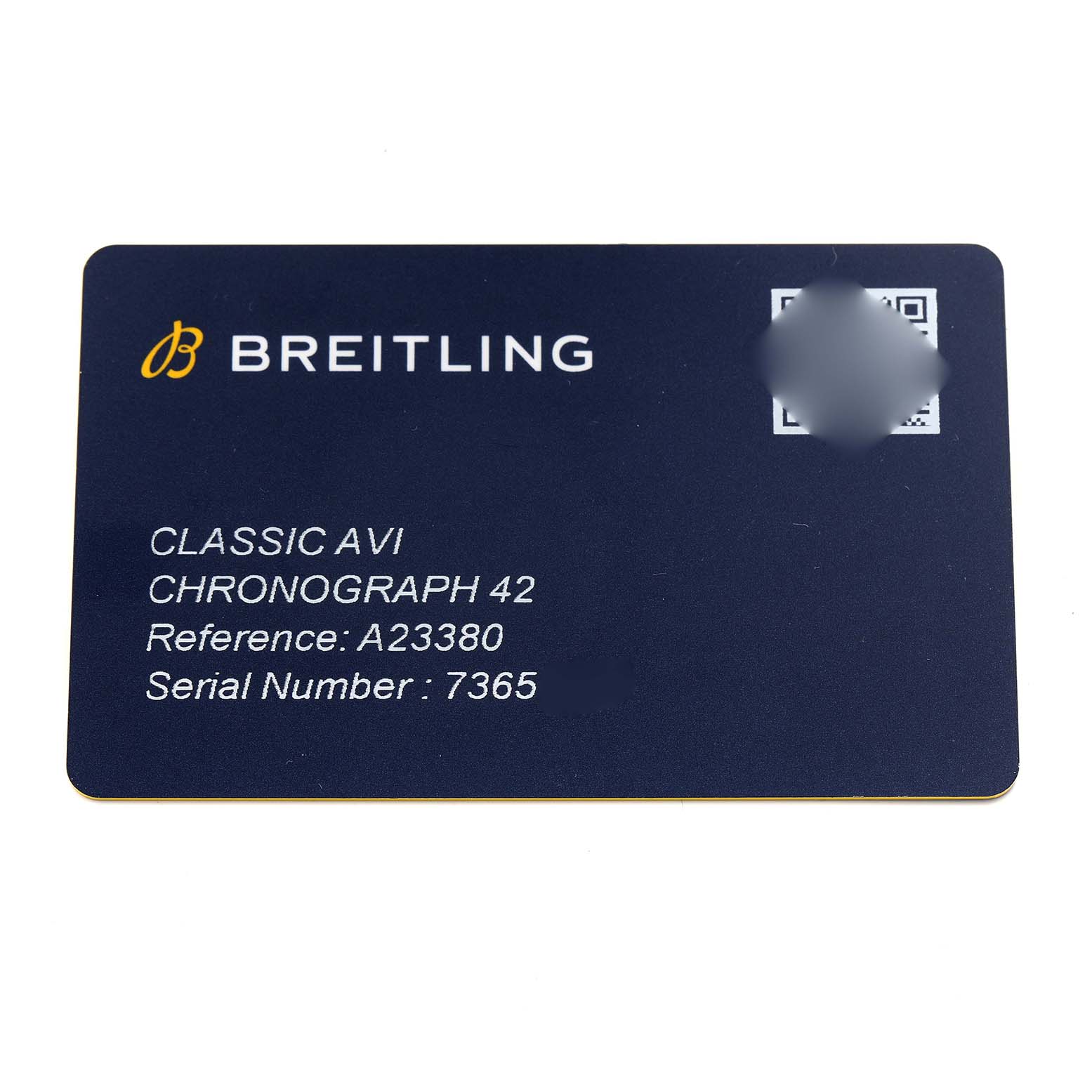 The image shows a warranty card for the Breitling Classic AVI Chronograph 42 watch model.