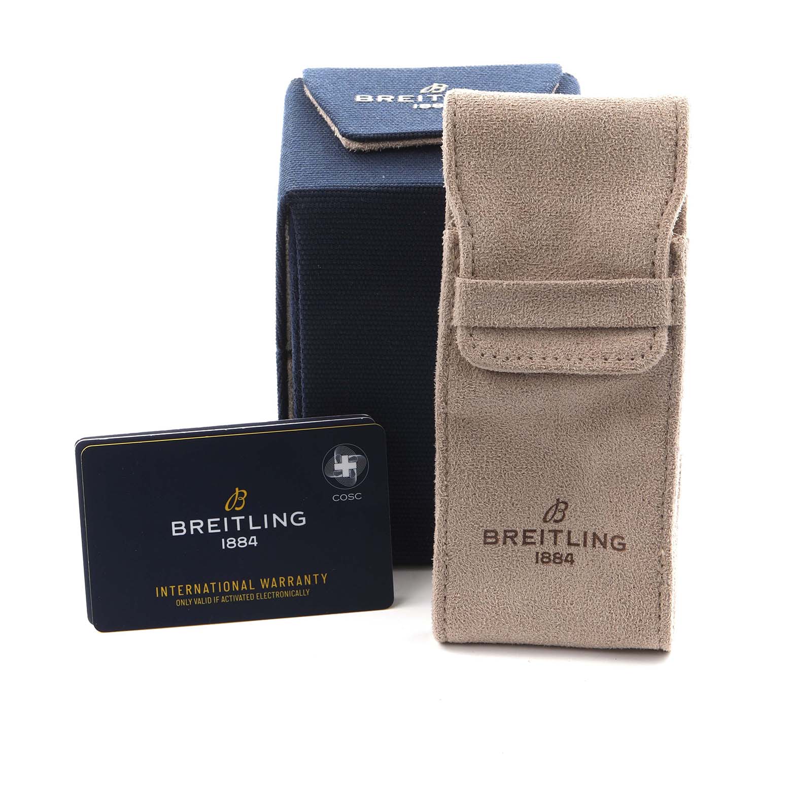 The image shows the packaging, travel pouch, and warranty card for a Breitling Aviator A23380 Men's Stainless Steel Black Dial A23380 Men's Stainless Steel Black Dial watch.