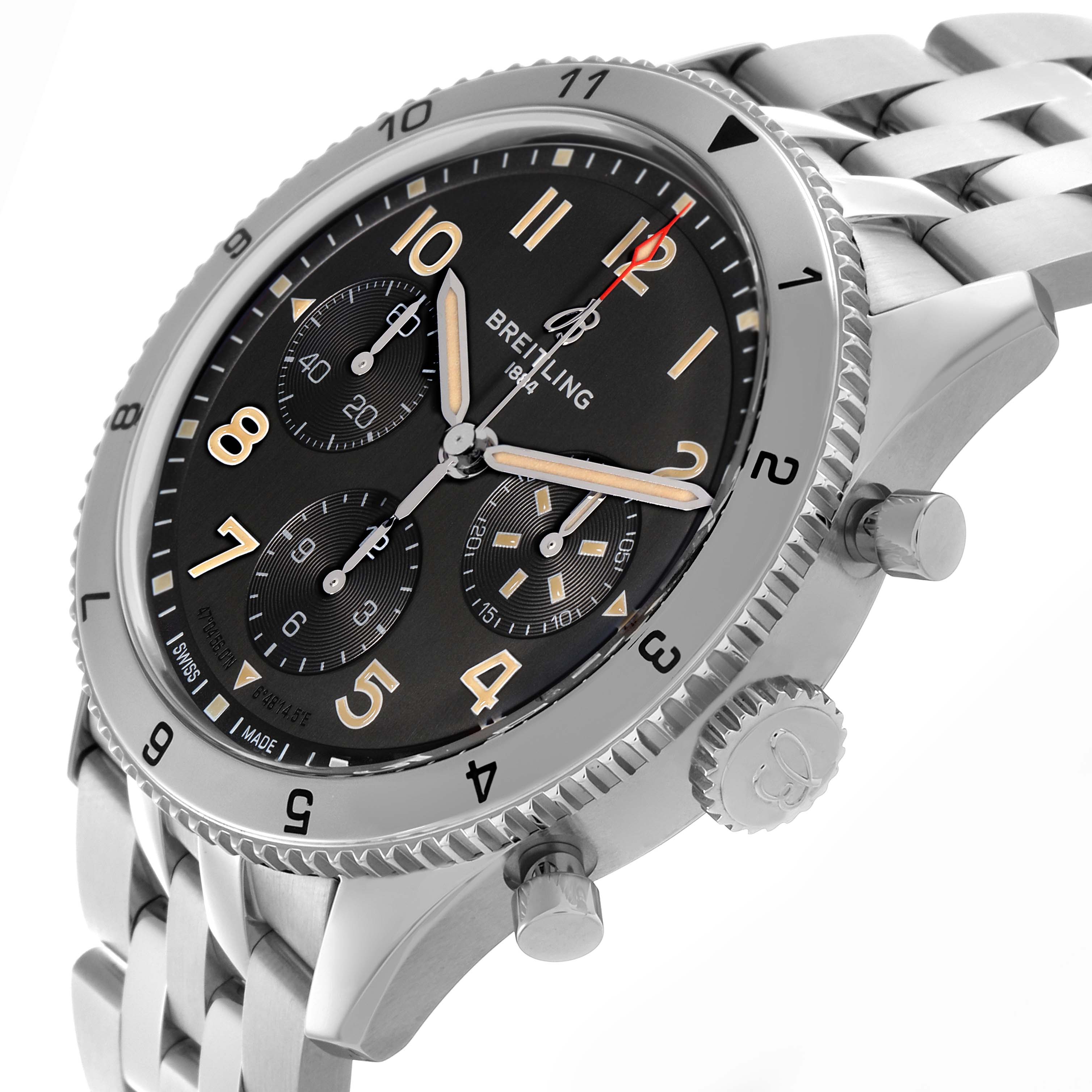 The Breitling Aviator A23380 Men's Stainless Steel Black Dial A23380 Men's Stainless Steel Black Dial watch is shown at an angled view, highlighting the bezel, crown, and bracelet.