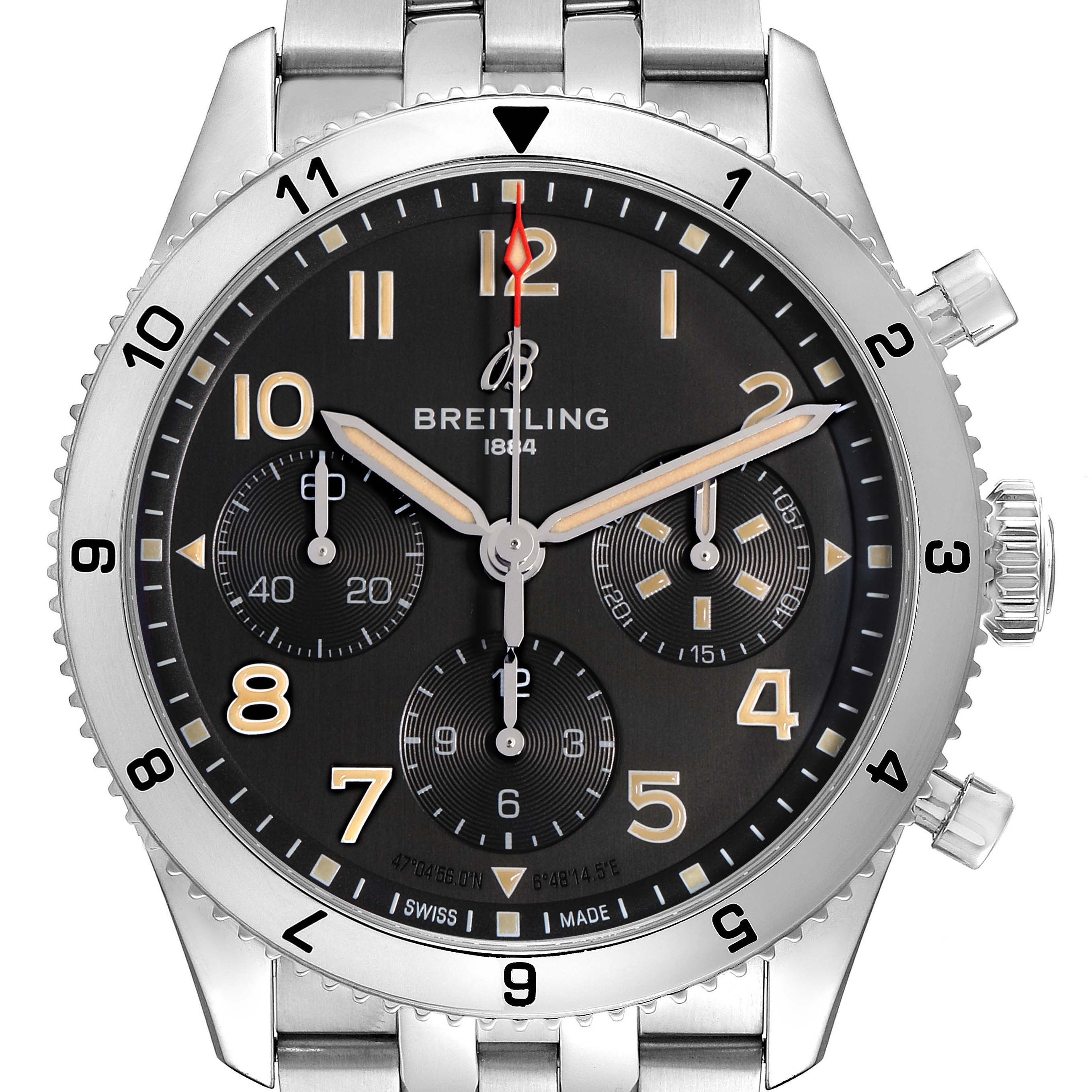 The Breitling Aviator A23380 Men's Stainless Steel Black Dial A23380 Men's Stainless Steel Black Dial watch is shown from a front angle, highlighting the bezel, dial, subdials, and bracelet.