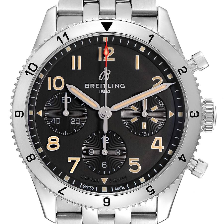 The Breitling Aviator watch is shown from a front angle, highlighting the bezel, dial, subdials, and bracelet.