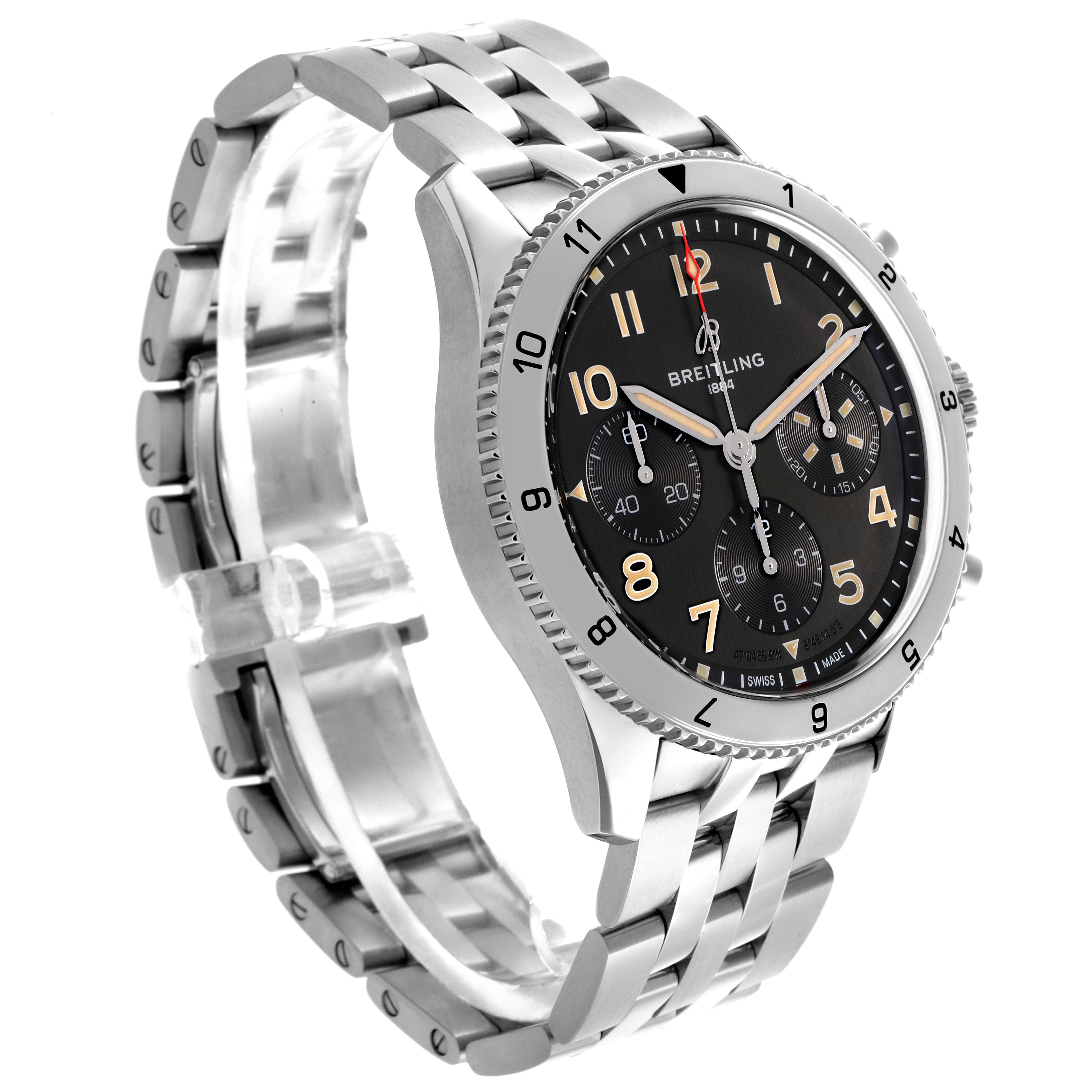 The Breitling Aviator A23380 Men's Stainless Steel Black Dial A23380 Men's Stainless Steel Black Dial model watch is shown at a three-quarter angle, displaying the face, bezel, and metal bracelet.