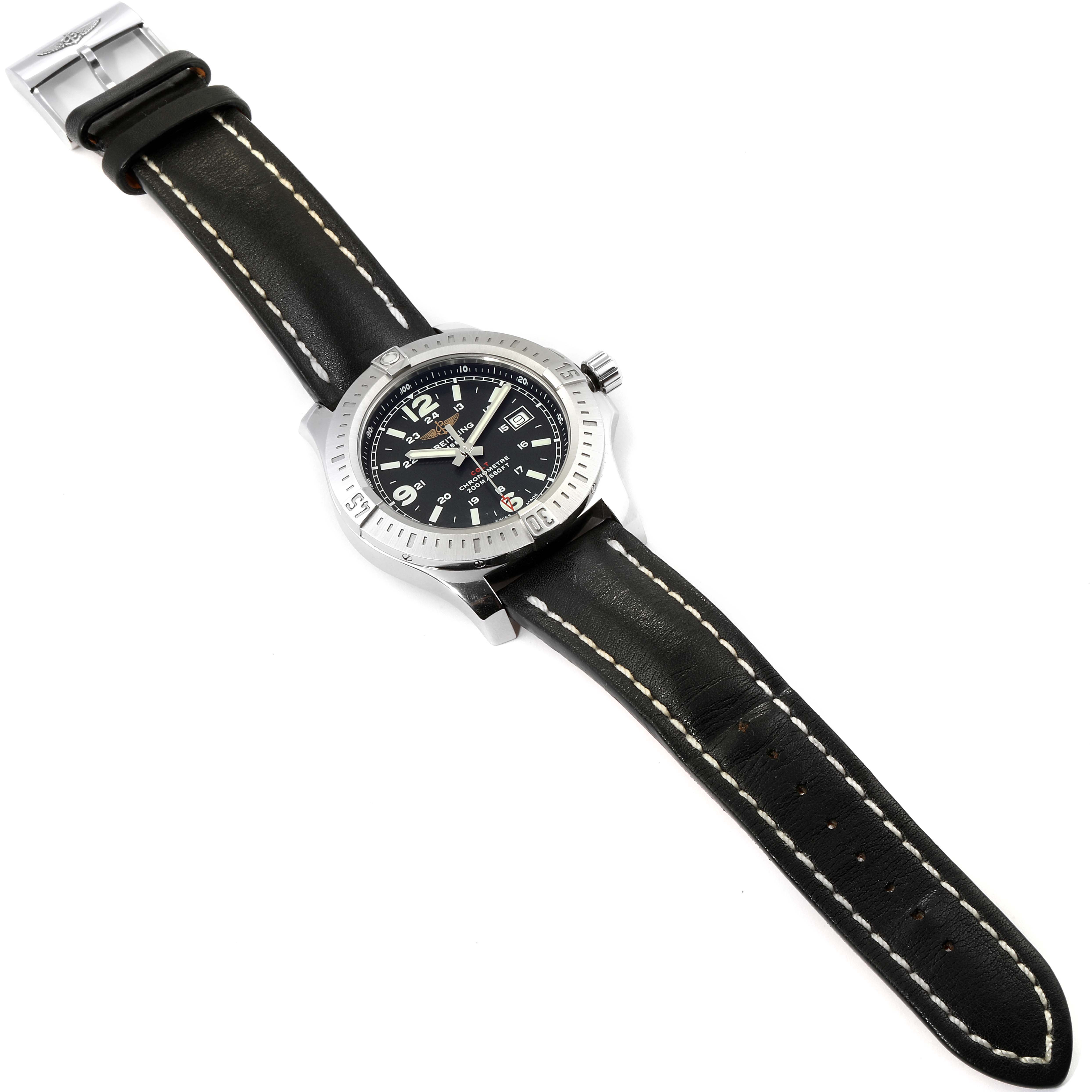 The image shows a top view of a Breitling Colt A74388 Men's Stainless Steel Black Dial A74388 Men's Stainless Steel Black Dial watch with a black leather strap and a black dial.